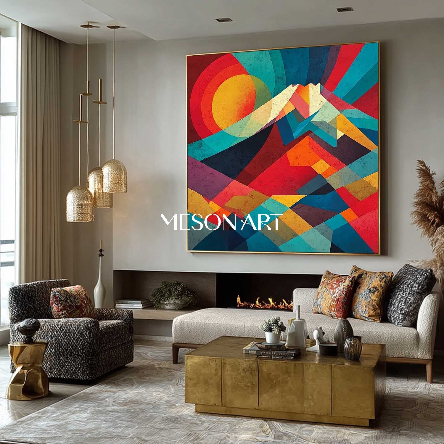 Colorful Geometric Sunrise Landscape Wall Art Abstract Mountain Canvas