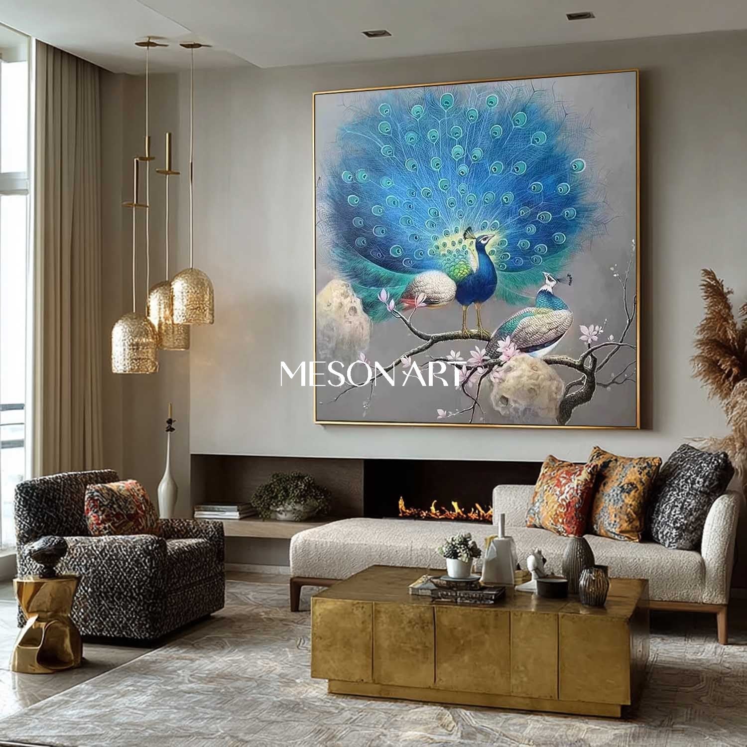 Modern Elegant Blue Peacock Wall Art Peacock Couple Canvas Painting