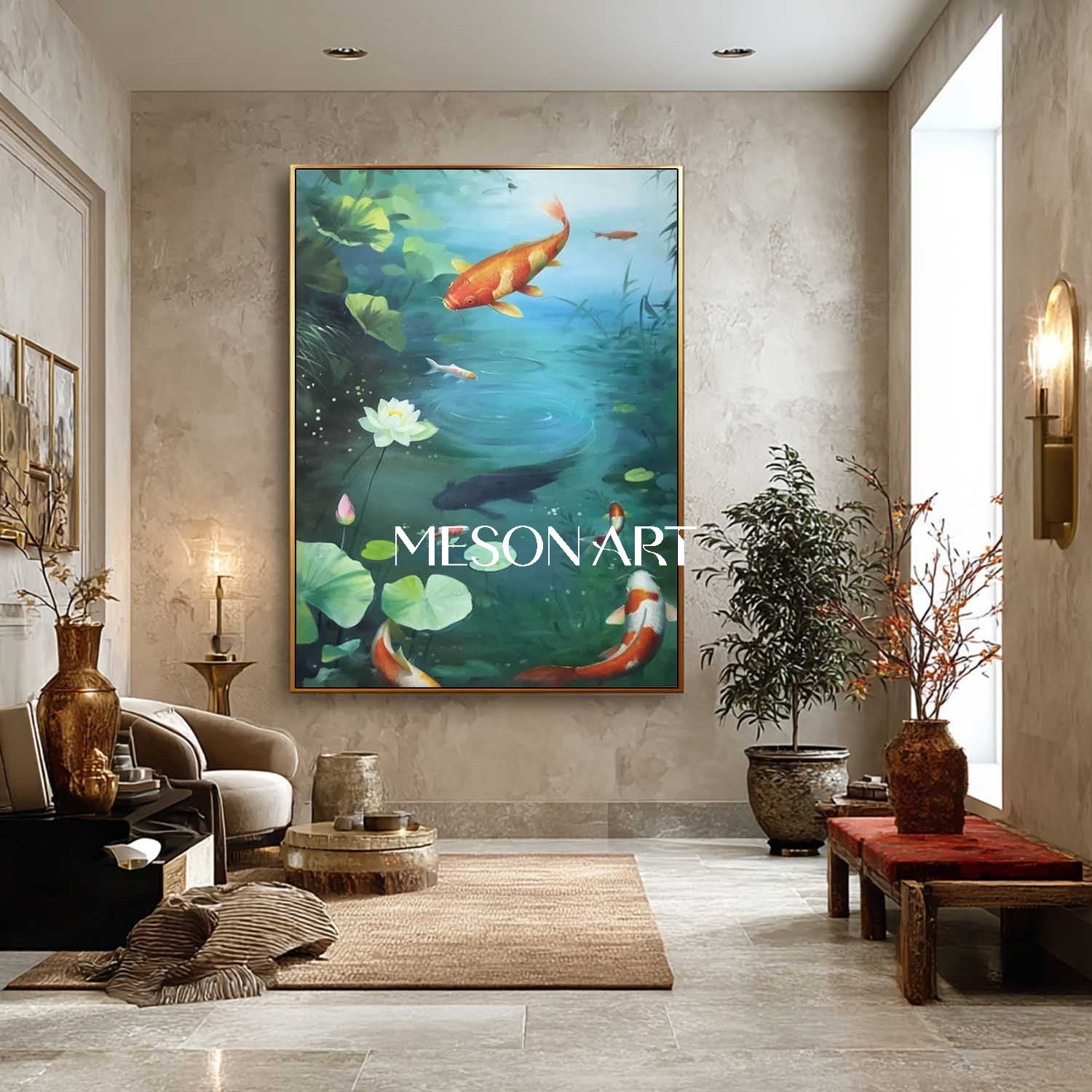 Tranquil Oil Painting Blue Pond Koi Fish Zen Interiors Wall Art Decor