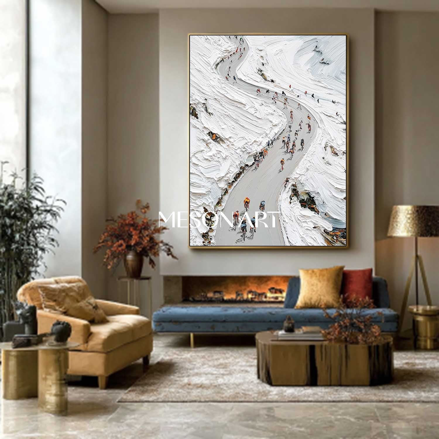 White Abstract Mountain Cycling Impasto Oil Painting Framed Office Art