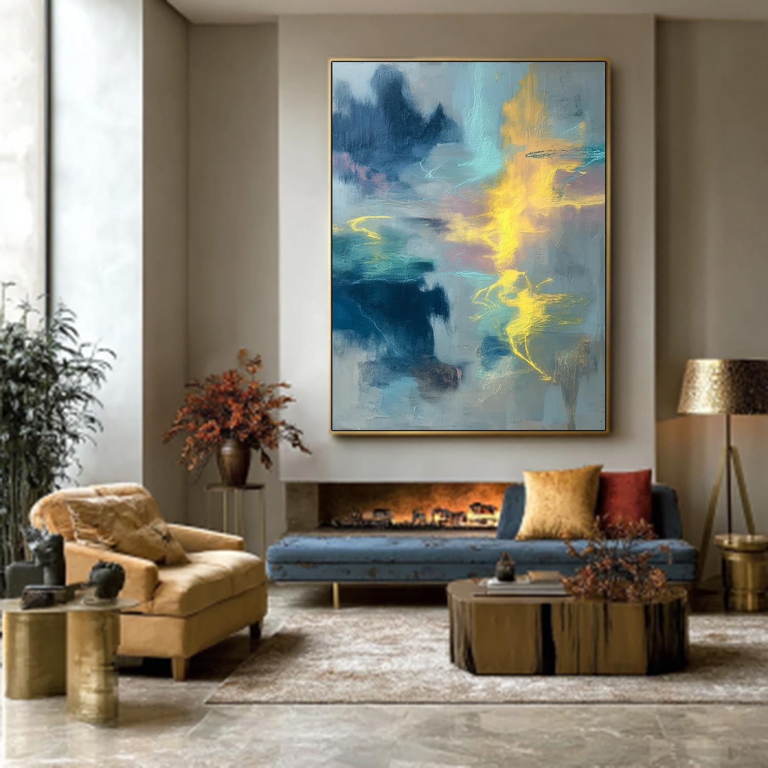 Blue Abstract Painting Colorful Modern Textured Canvas Wall Art Decor