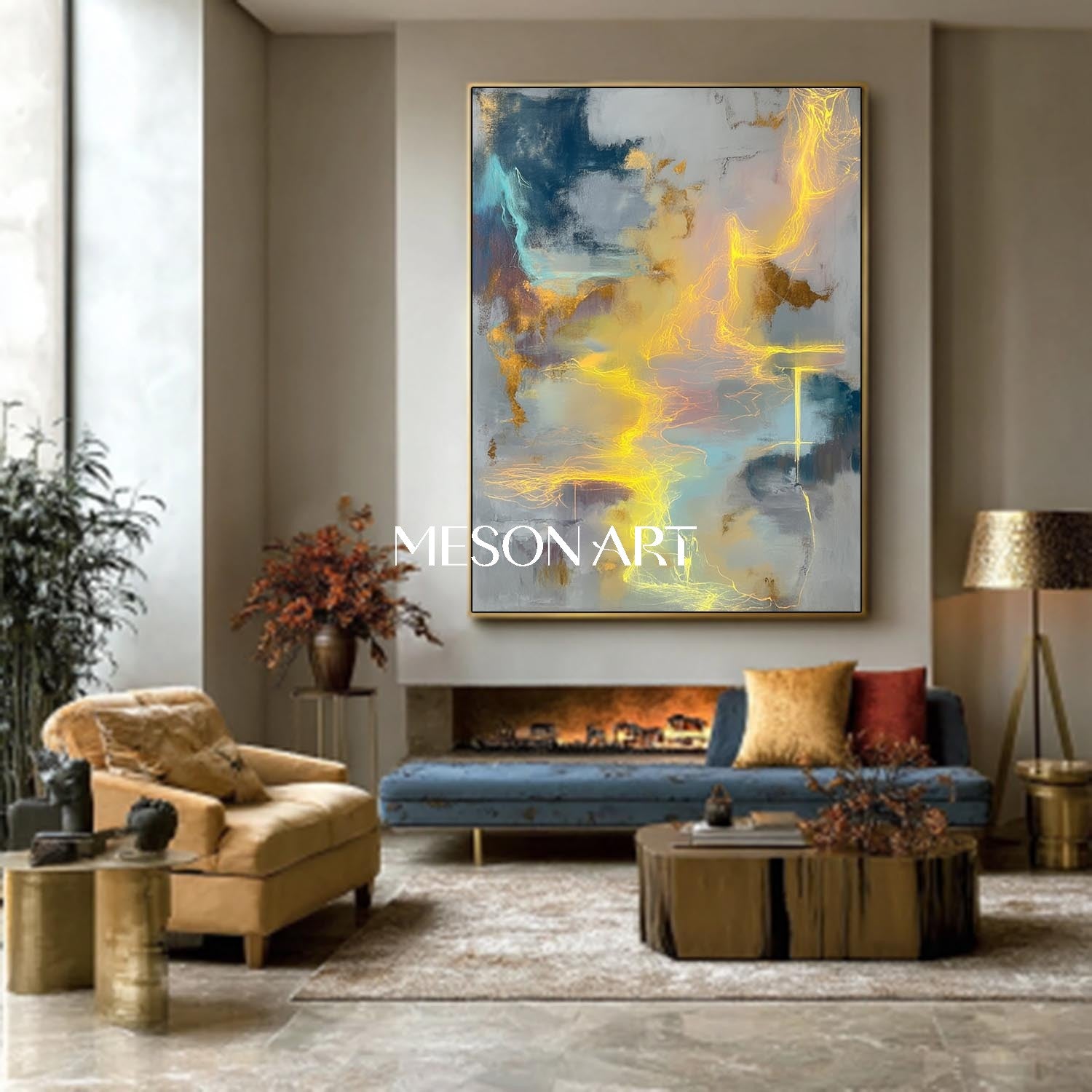 Large Abstract Blue and Gray Painting Contemporary Textured Artwork