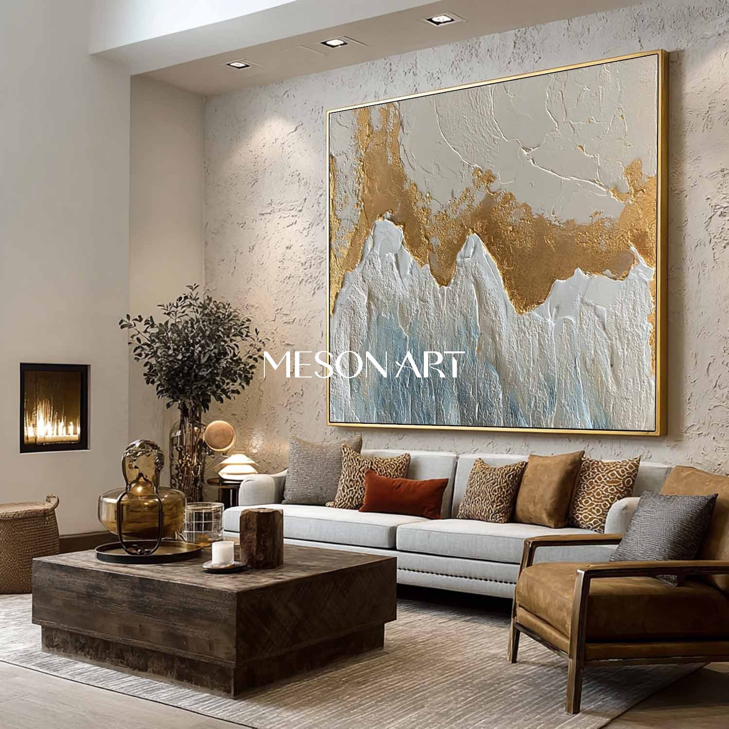 3D White and Gold Wave Texture Painting Plaster Abstract Wall Art