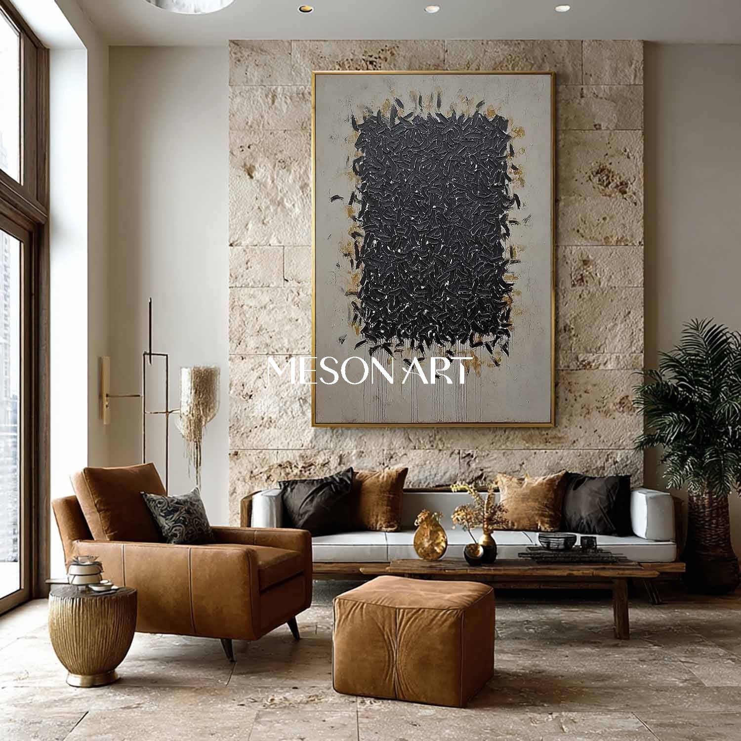 Handmade Black Abstract Painting Wabi-Sabi Style Minimalist Decor