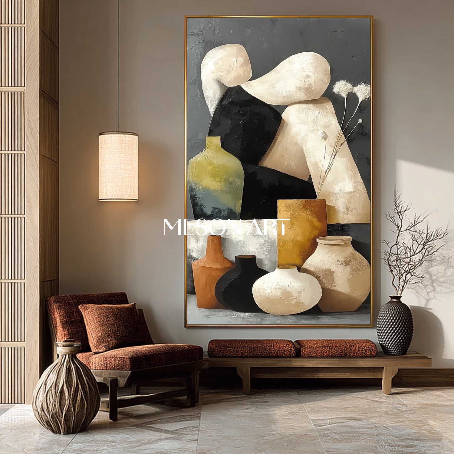 Large Vase Painting Abstract Canvas Textured Neutral Pottery Wall Art