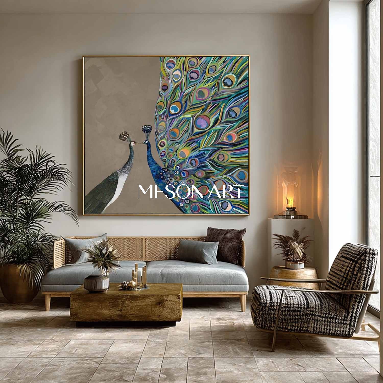 Modern Abstract Peacock Couple Wall Art Brown Canvas Painting Enterway