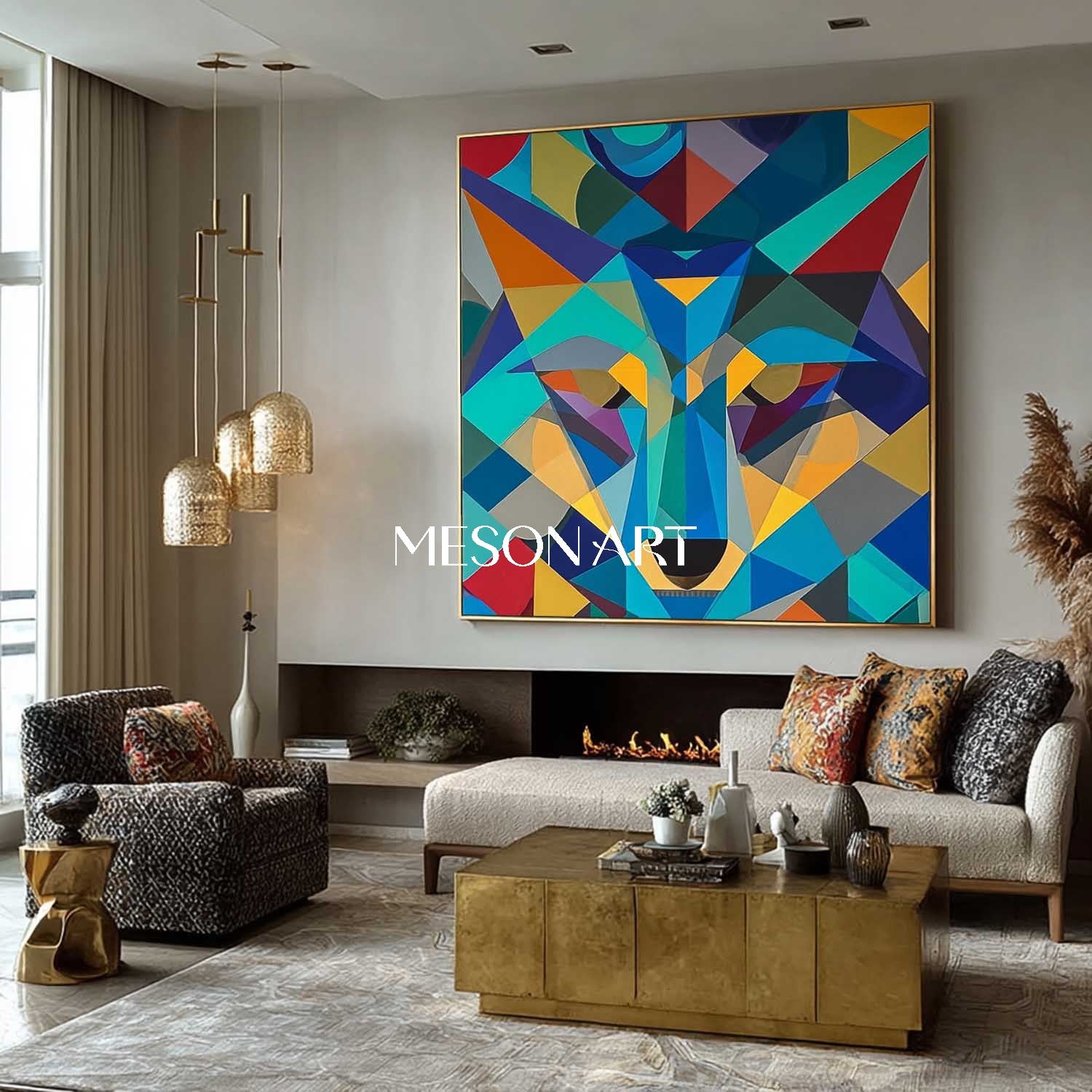 Geometric Wolf Abstract Painting Modern Colorful Animal Wall Art