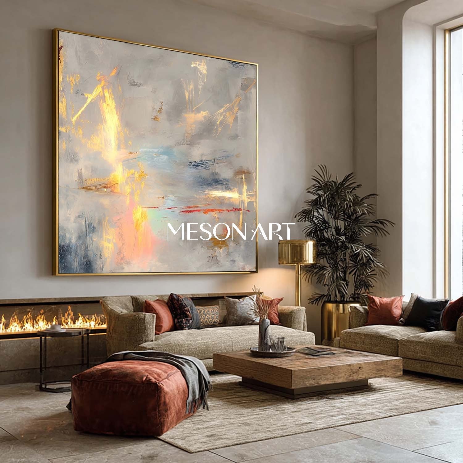Gold Gray Modern Abstract Bedroom Painting Large Framed Wall Art