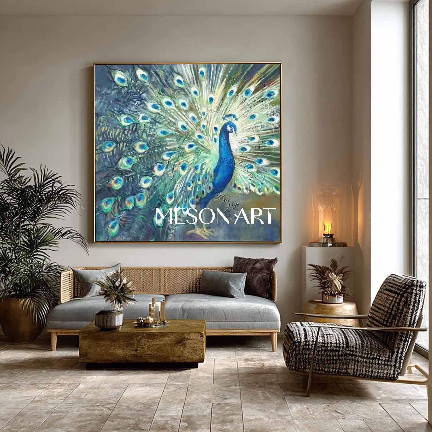 Handmade Modern Luxury Golden Peacock Wall Art Vibrant Canvas Painting