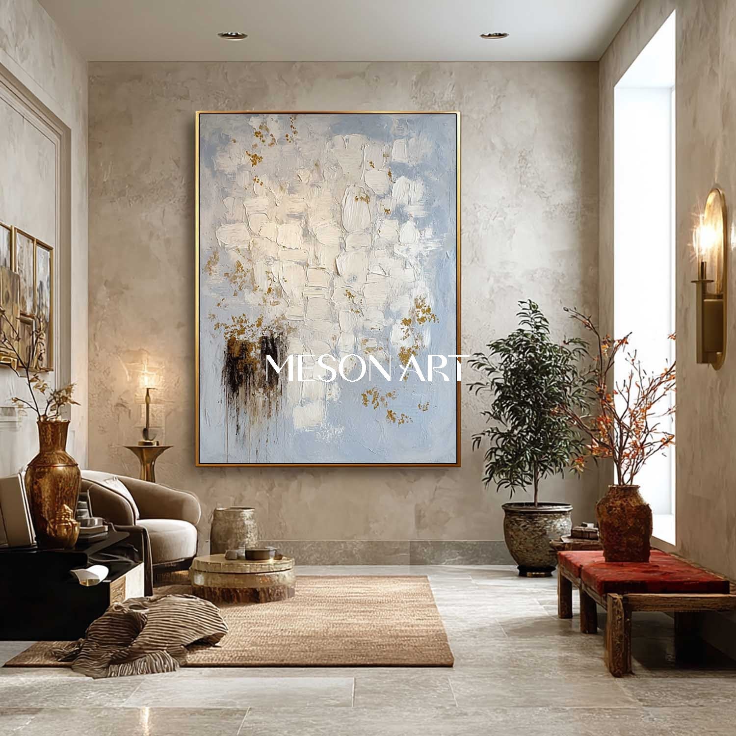 Minimalist Abstract Art Blue Beige Luxury Impasto Painting Wall Décor
