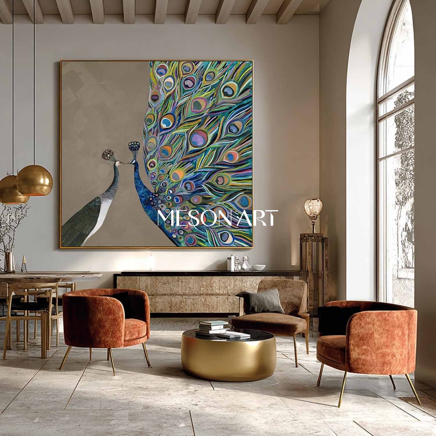 Modern Abstract Peacock Couple Wall Art Brown Canvas Painting Enterway