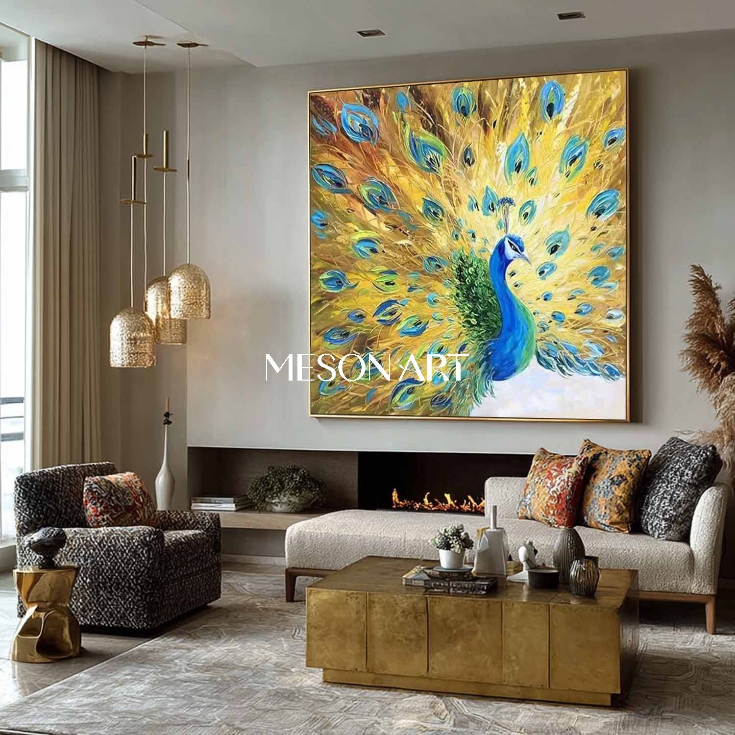 Handmade Modern Luxury Golden Peacock Wall Art Vibrant Canvas Painting