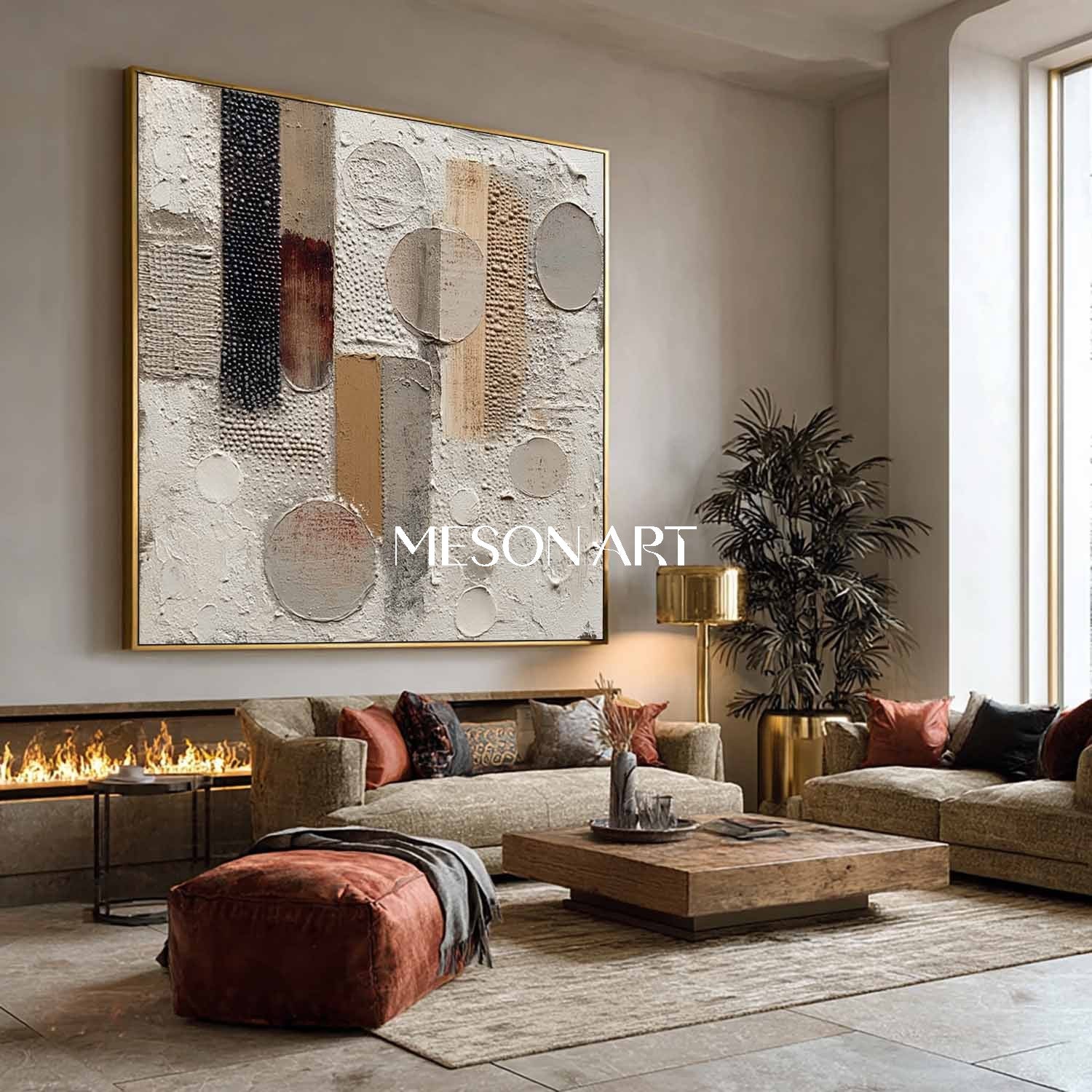 Minimalist Textured Large Beige Canvas Hand-Painted Plaster Wall Art