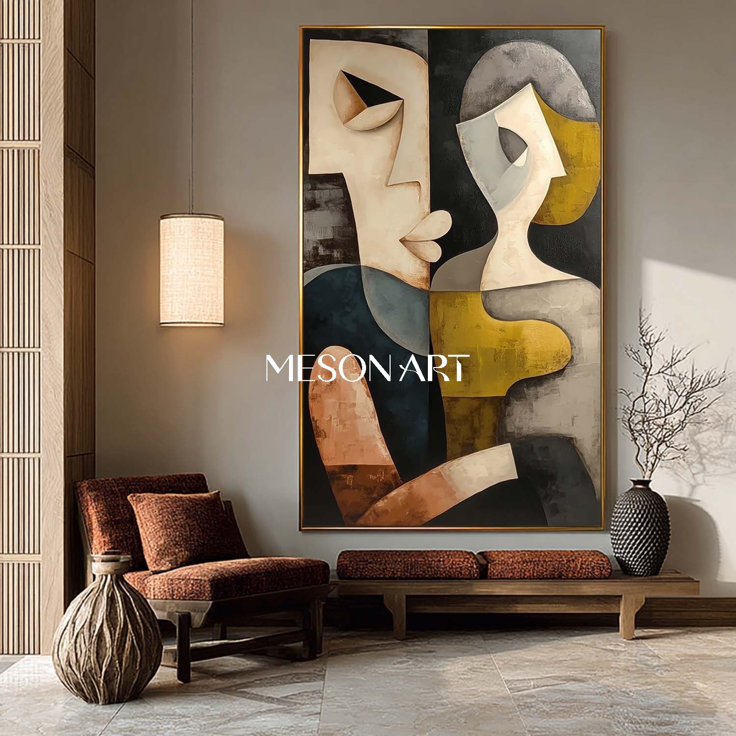 Large Dramatic Cubism Abstract Couple Oil Painting Wall Art Entryway