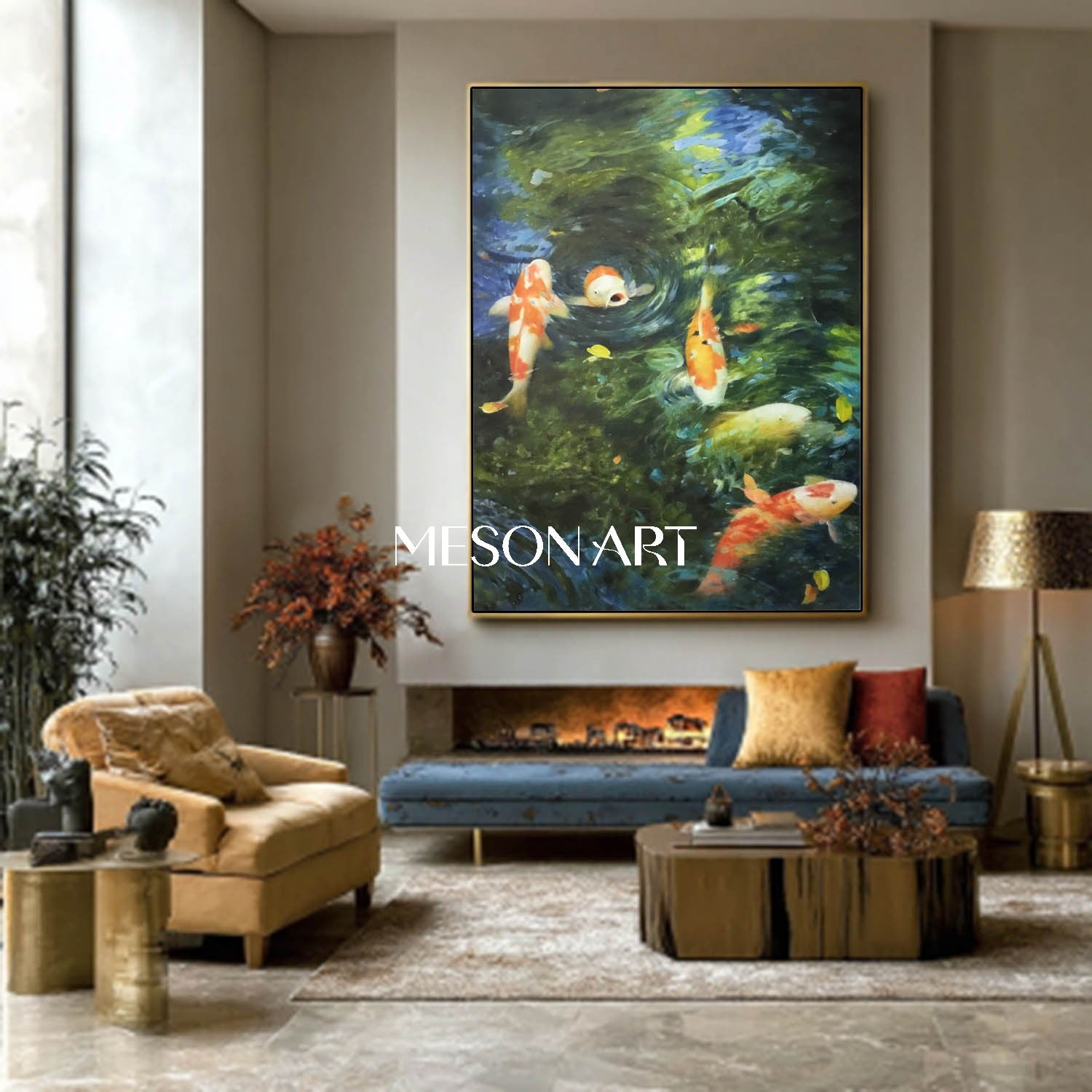 Large Green Textured Oil Painting Water Koi Pond Living Room Art Decor