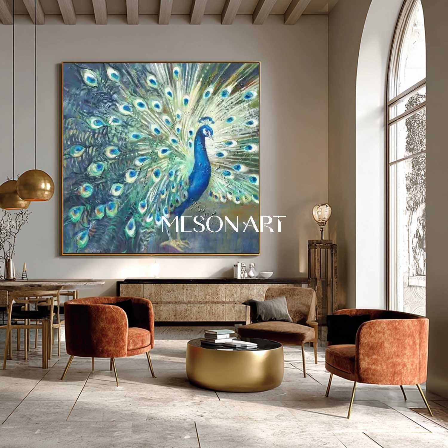 Handmade Modern Luxury Golden Peacock Wall Art Vibrant Canvas Painting