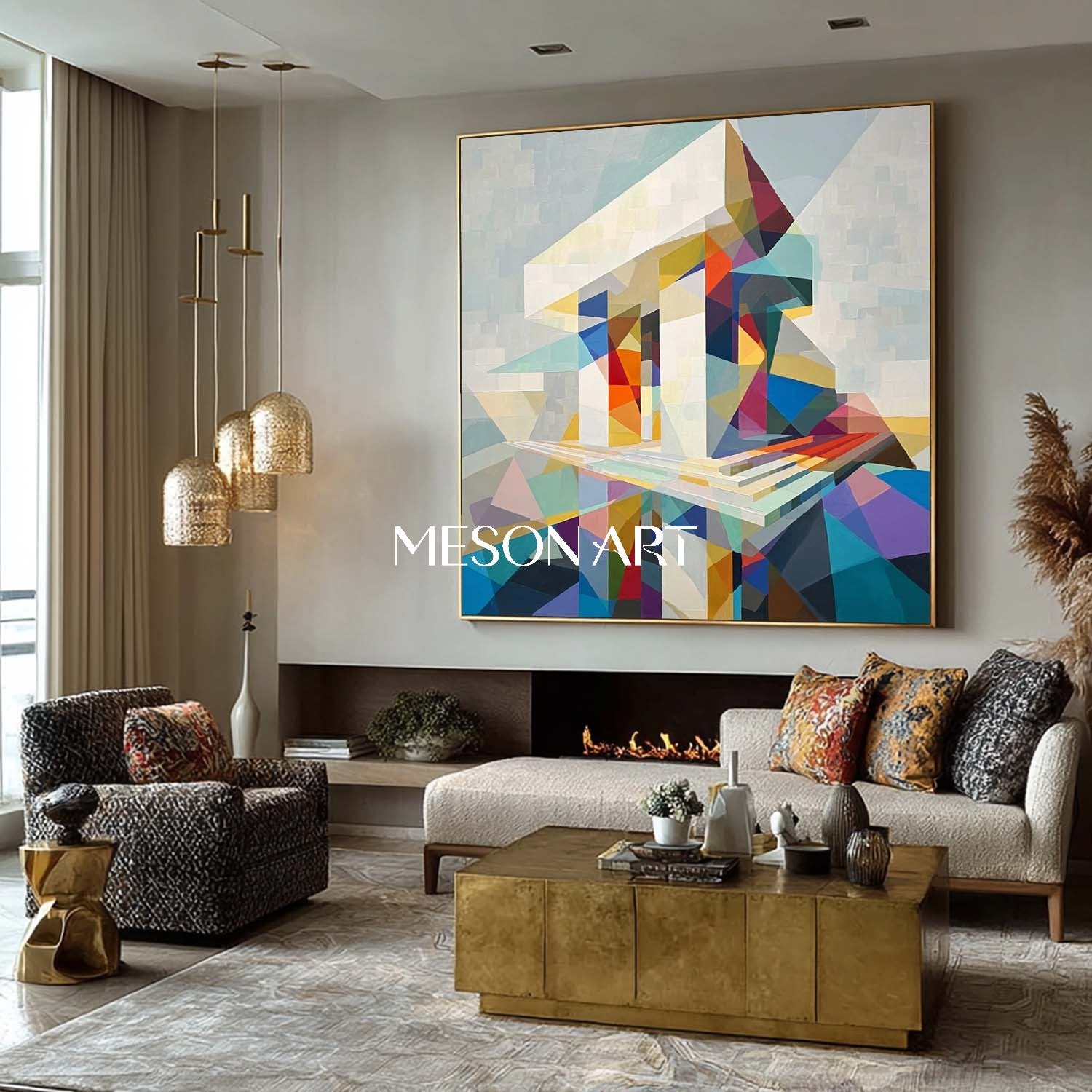 Colorful Geometric Building Wall Art Modern Abstract Structure Office