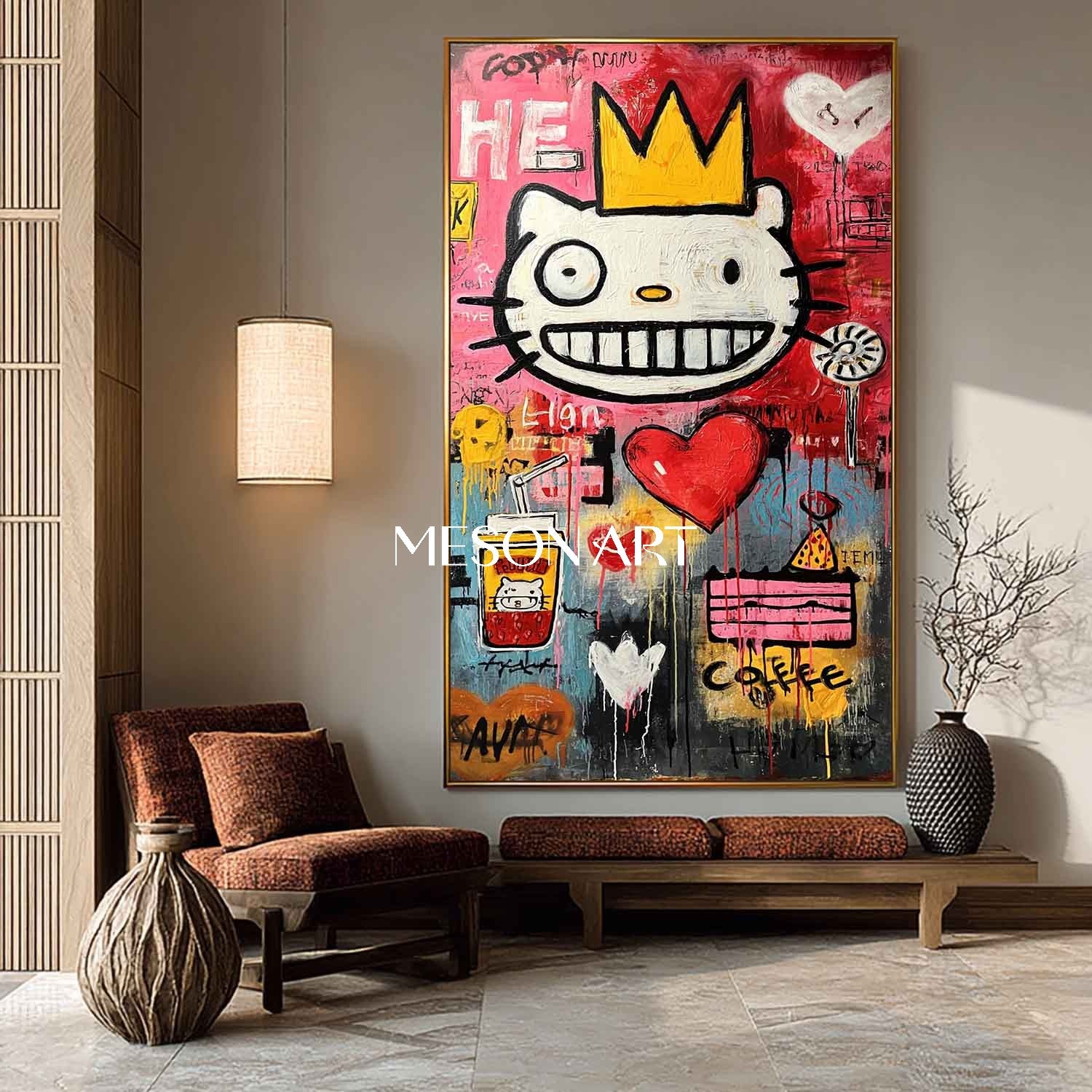 Custom Modern Abstract Crown Cat Impasto Canvas Graffiti Art Entryway