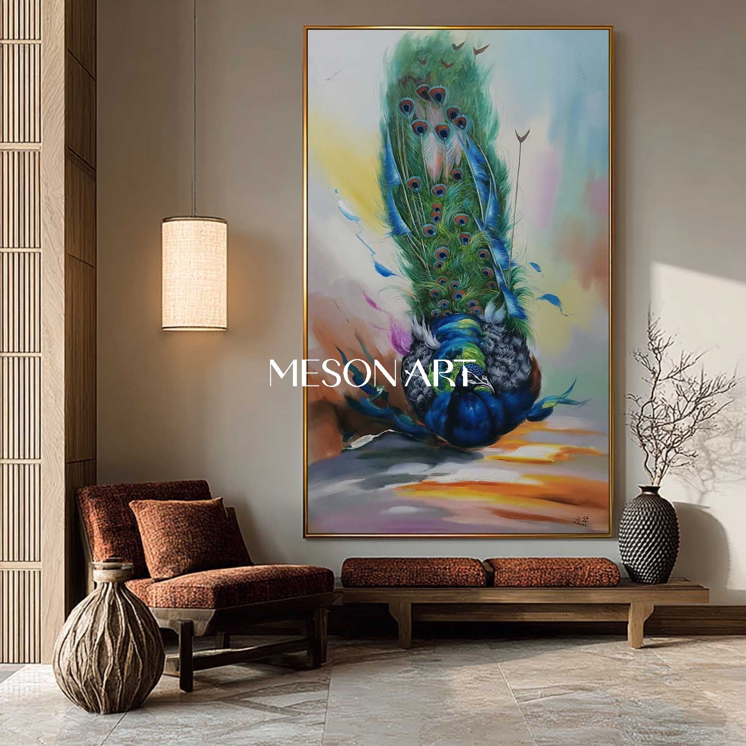 Luxury Peacock Wall Art Hand-Painted Colorful Canvas Painting Entryway