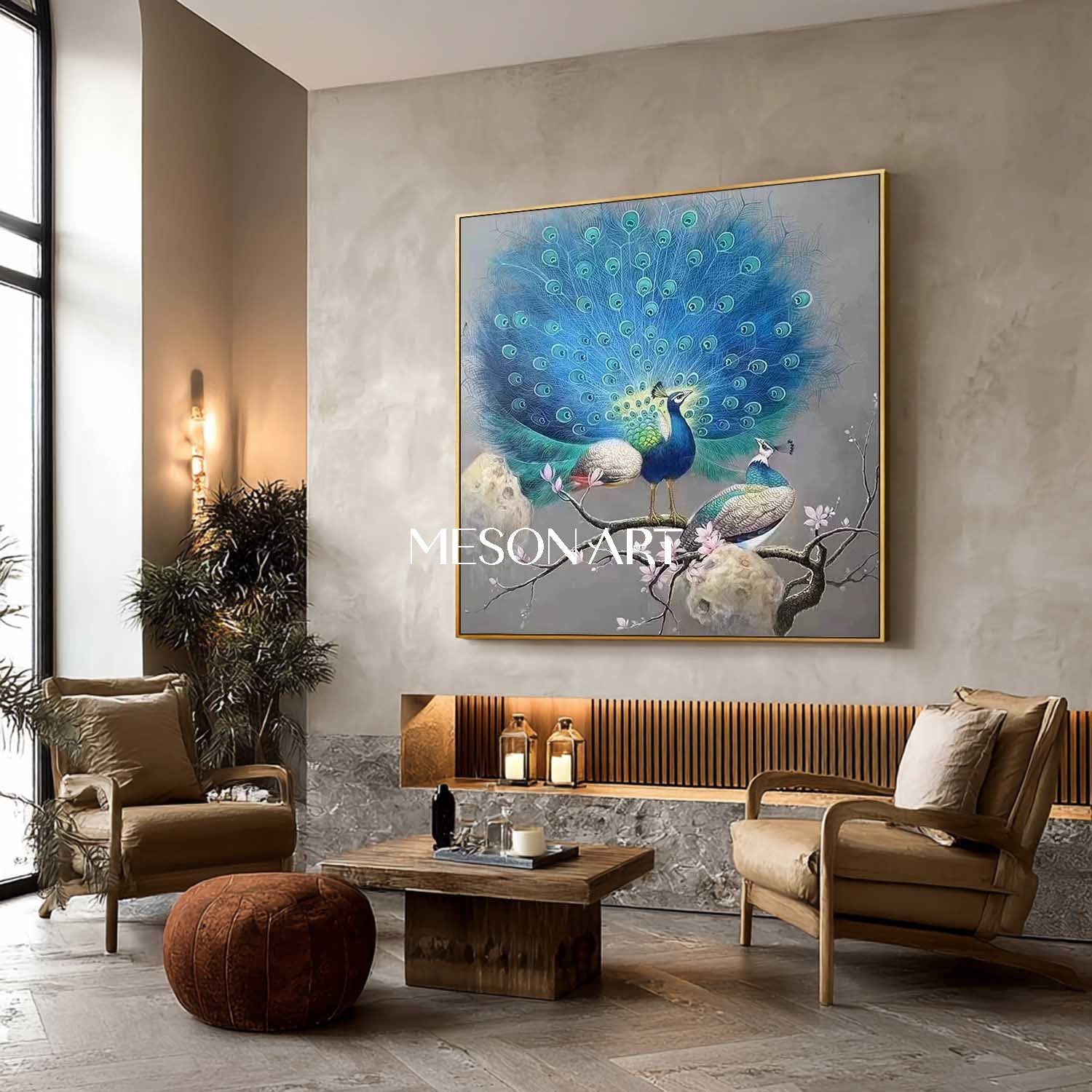 Modern Elegant Blue Peacock Wall Art Peacock Couple Canvas Painting