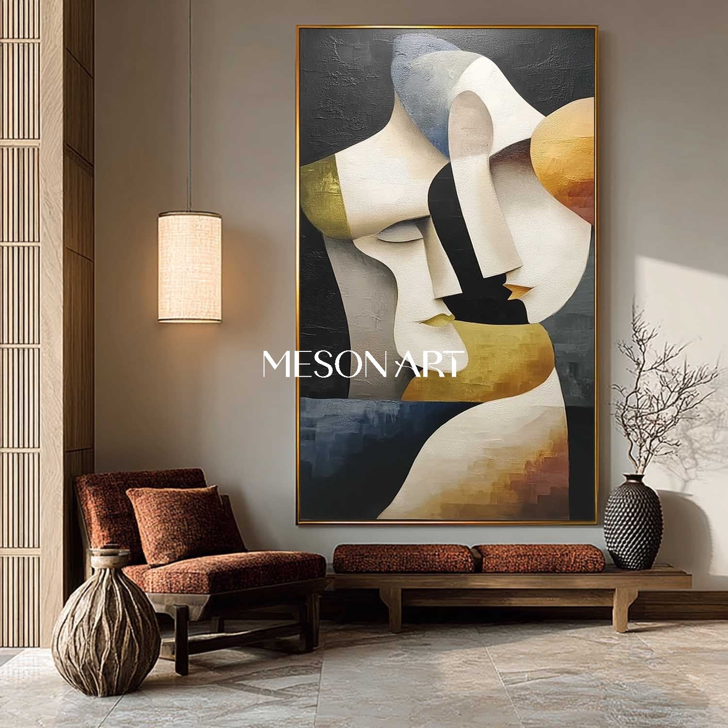 Cubist Vertical Gold Geometric Abstract Couple Original Oil Painting