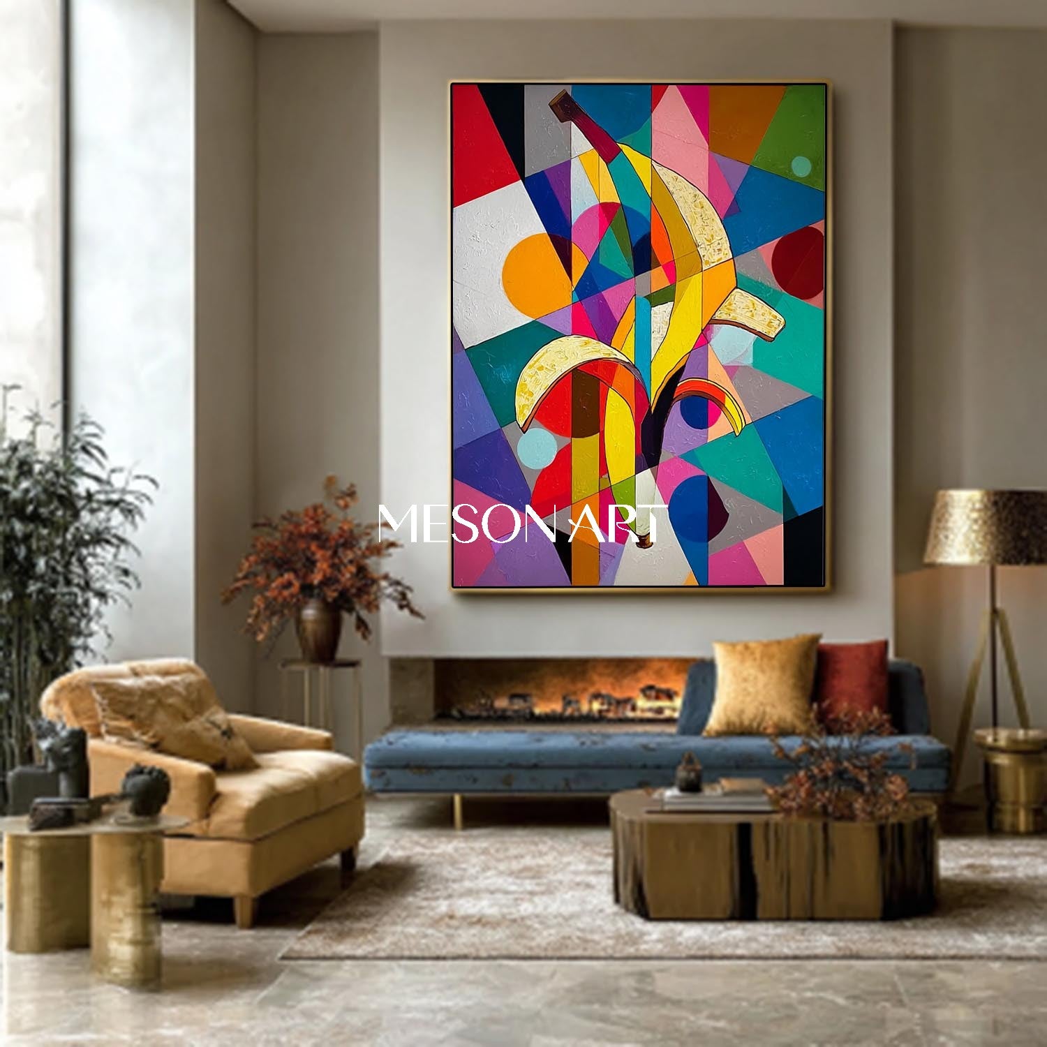 Modern Pop Art Banana Painting Vibrant Geometric Canvas Living Room