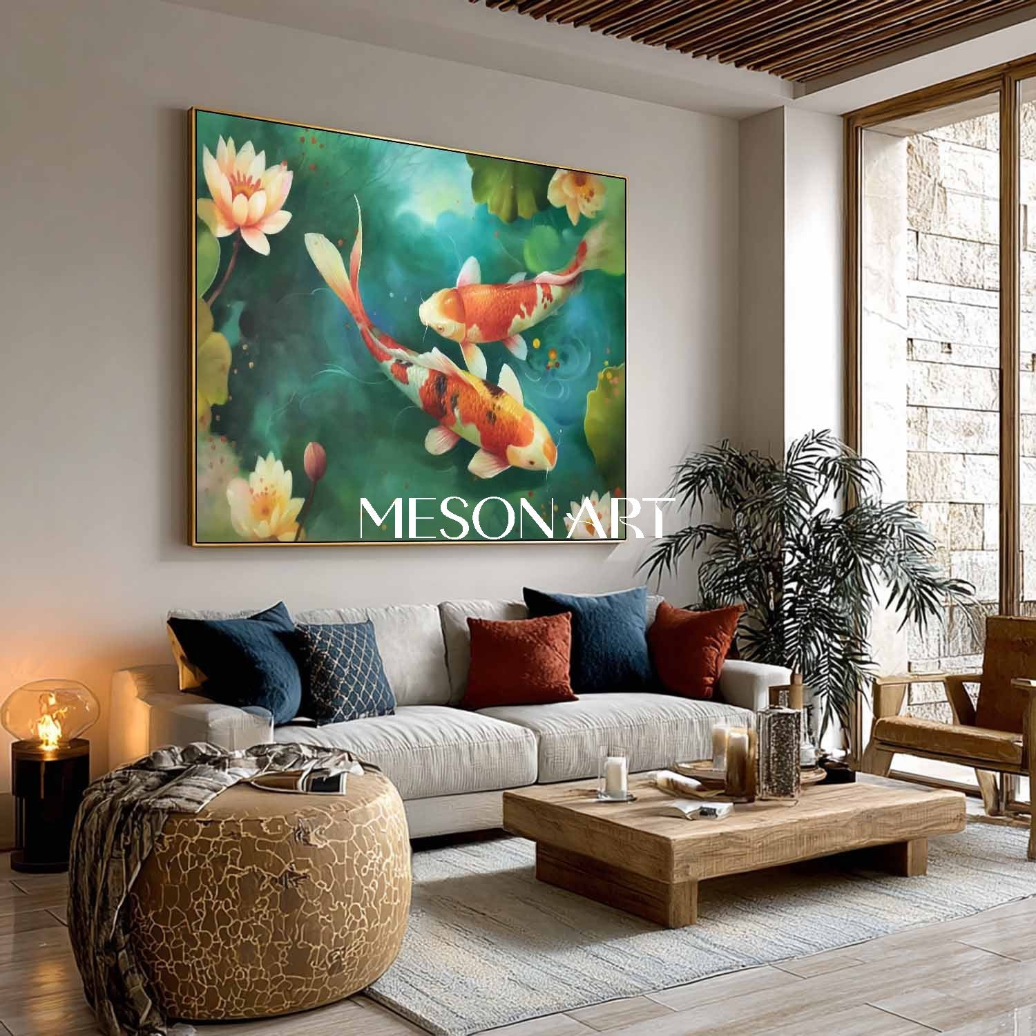 Hand-Painted Romantic Koi Fish Couple Wall Art Lotus Pond Canvas Decor
