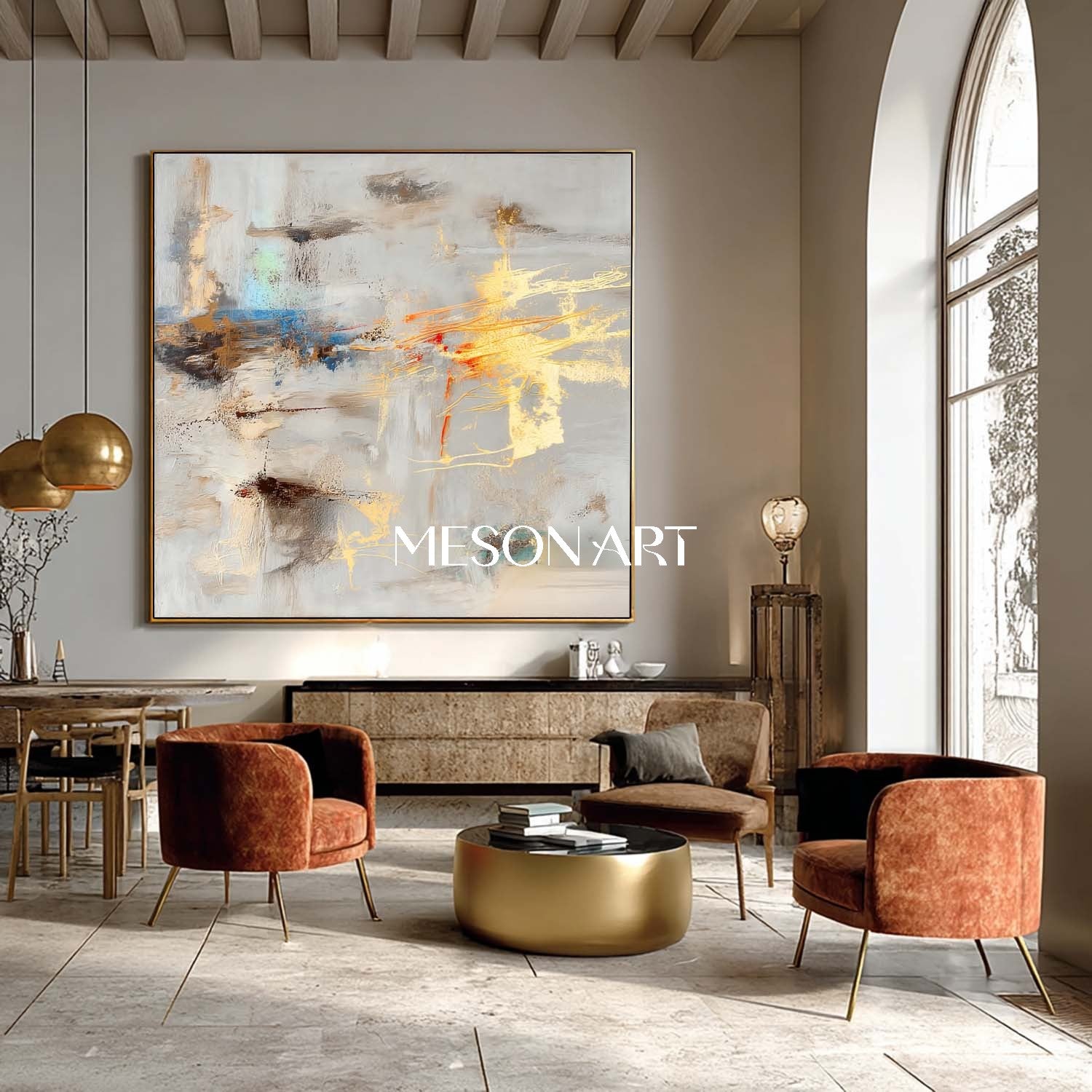 Gray Gold Abstract Textured Painting Large Square Living Room Wall Art
