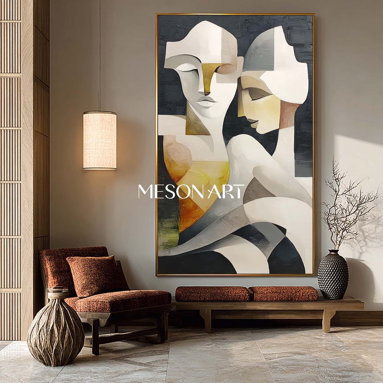 Vertical Textured Cubist Abstract Couple Large Canvas Oil Painting