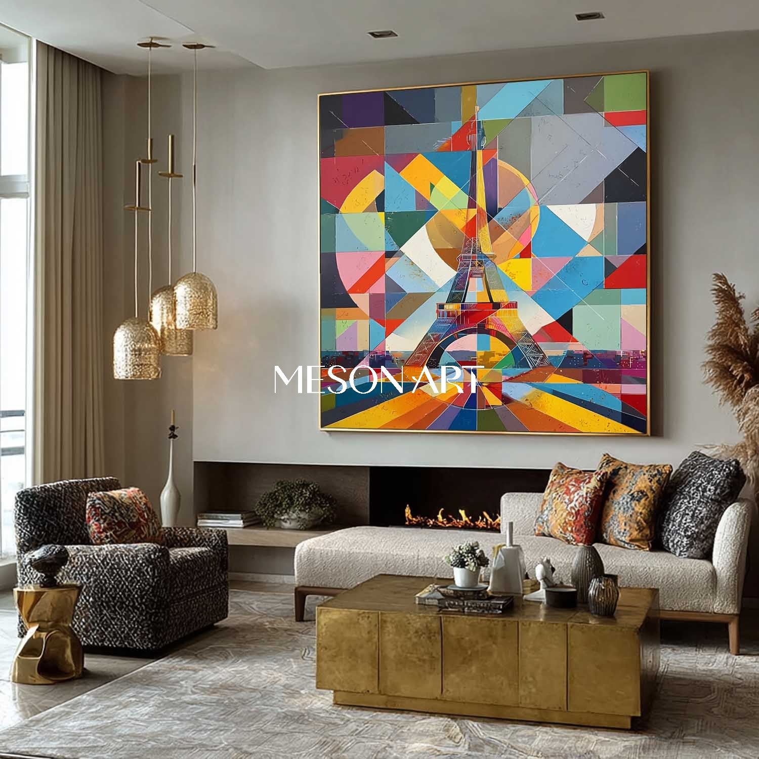 Colorful Eiffel Tower Wall Art Modern Geometric Abstract Oil Painting