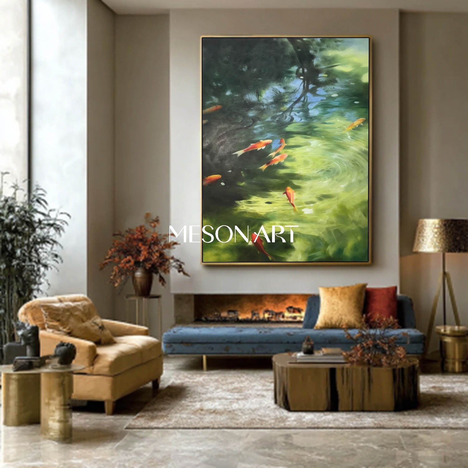 Handmade Green Water Feng Shui Koi Fish Canvas Peaceful Zen Wall Art