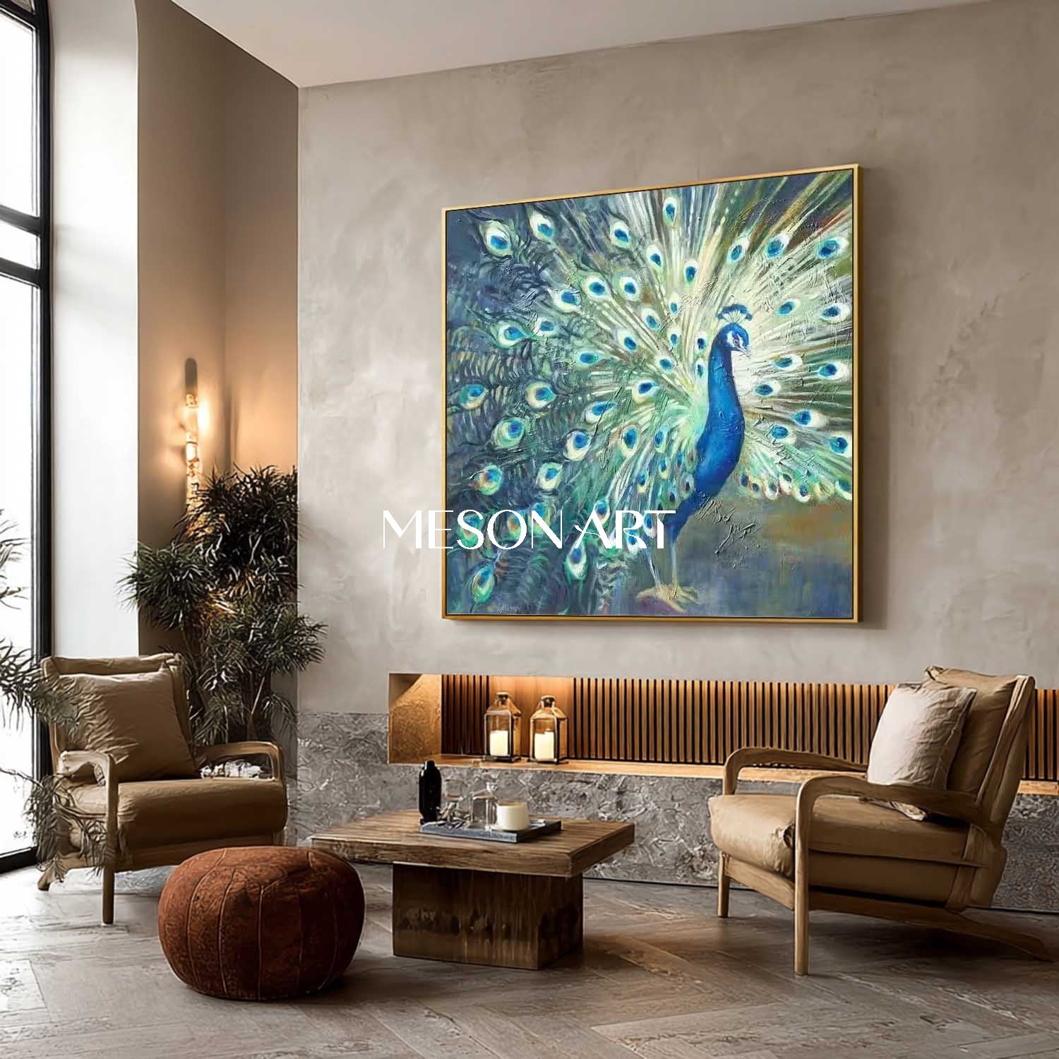 Handmade Modern Luxury Golden Peacock Wall Art Vibrant Canvas Painting
