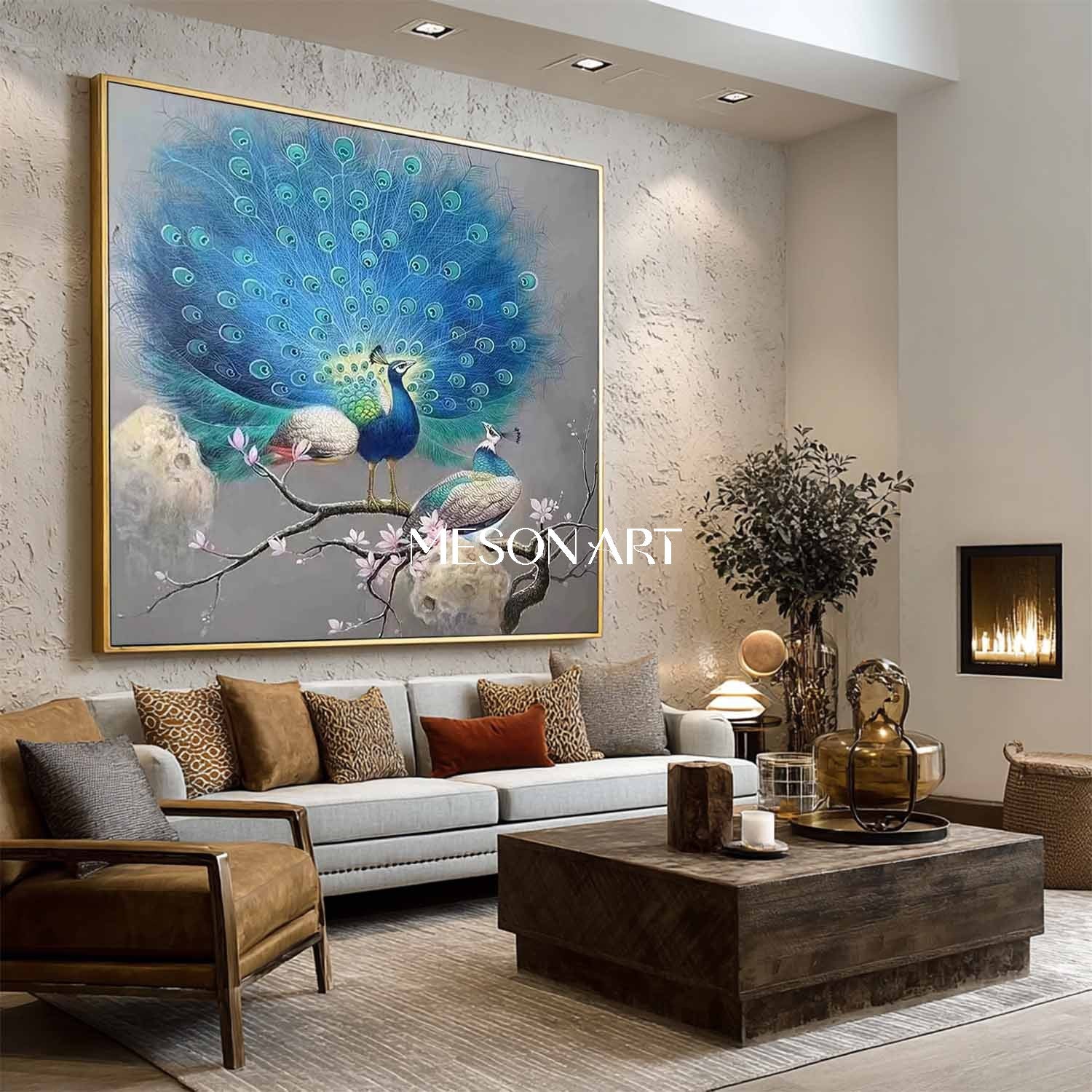 Modern Elegant Blue Peacock Wall Art Peacock Couple Canvas Painting