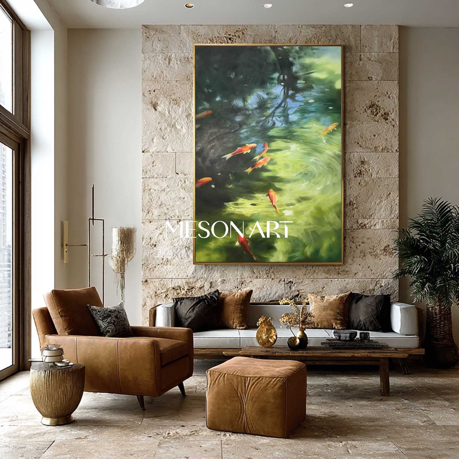 Handmade Green Water Feng Shui Koi Fish Canvas Peaceful Zen Wall Art