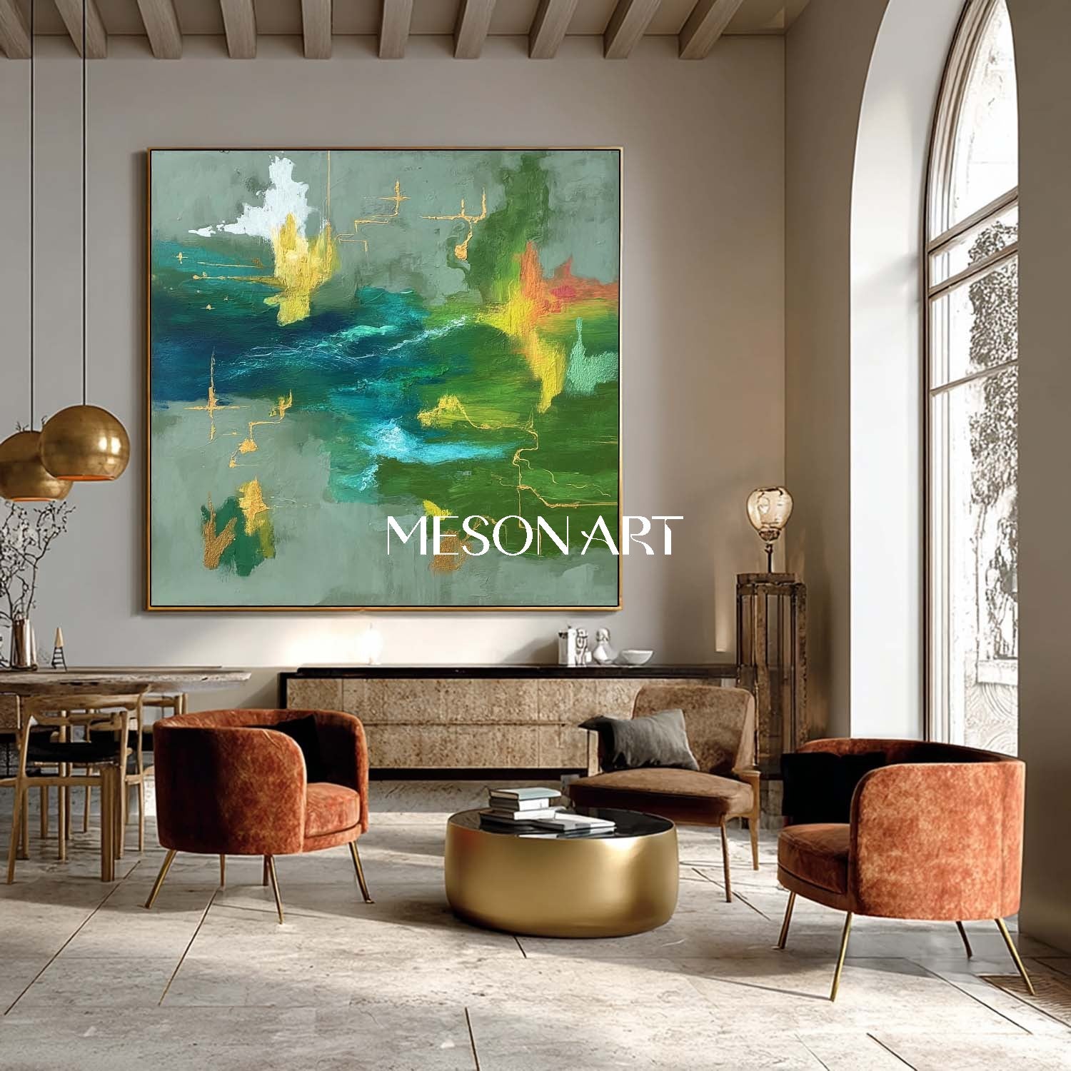 Green Abstract Large Painting Handmade Colorful Wall Art Bathroom