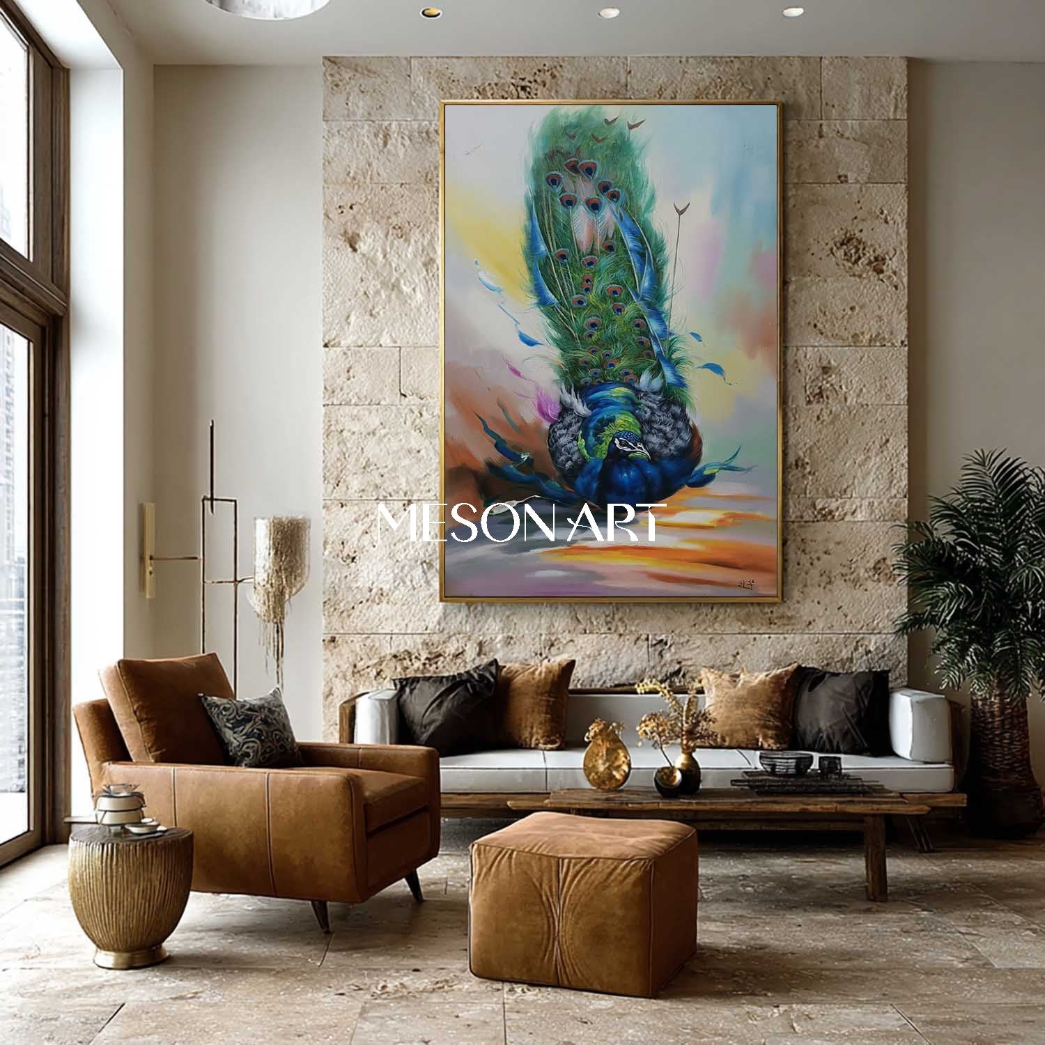 Luxury Peacock Wall Art Hand-Painted Colorful Canvas Painting Entryway