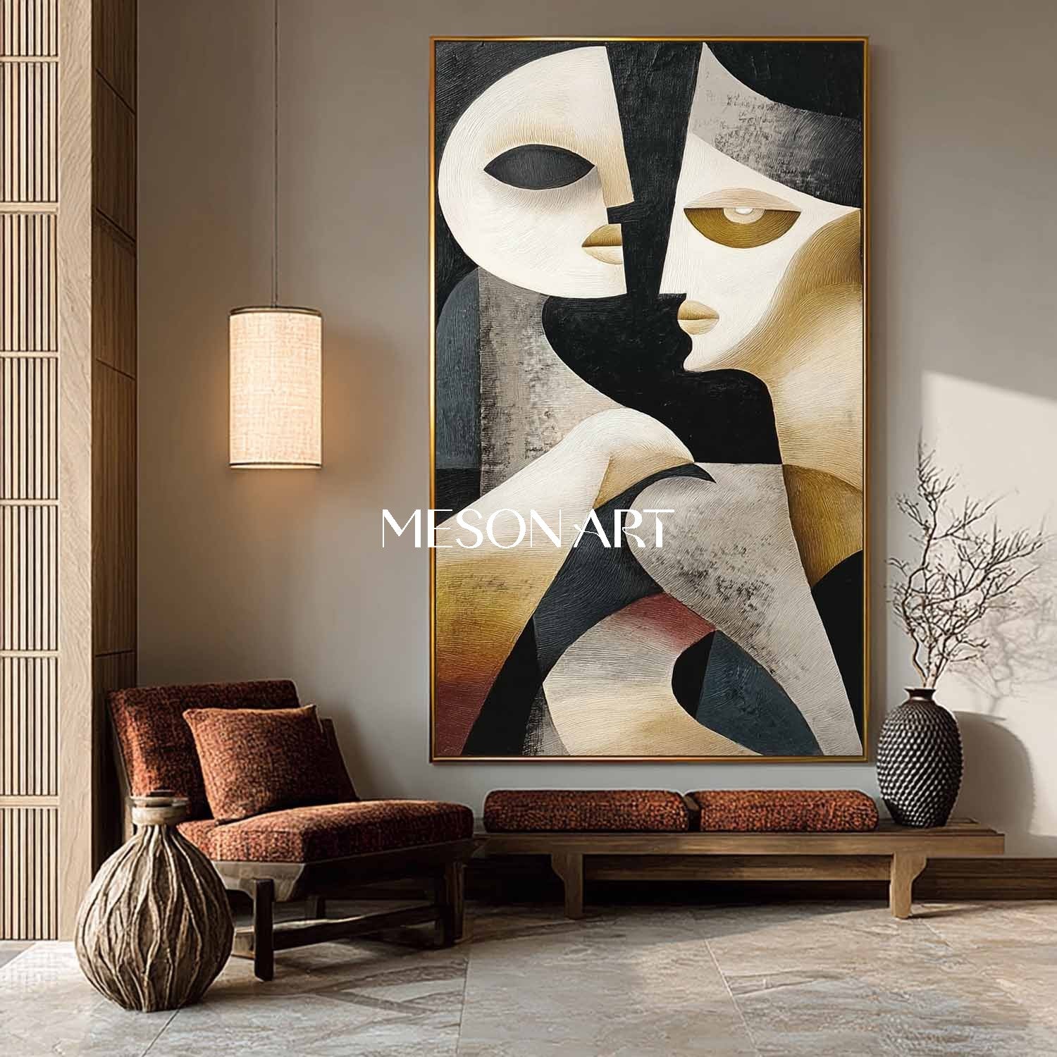 Black Vertical Abstract Cubist Textured Painting Canvas Living Room