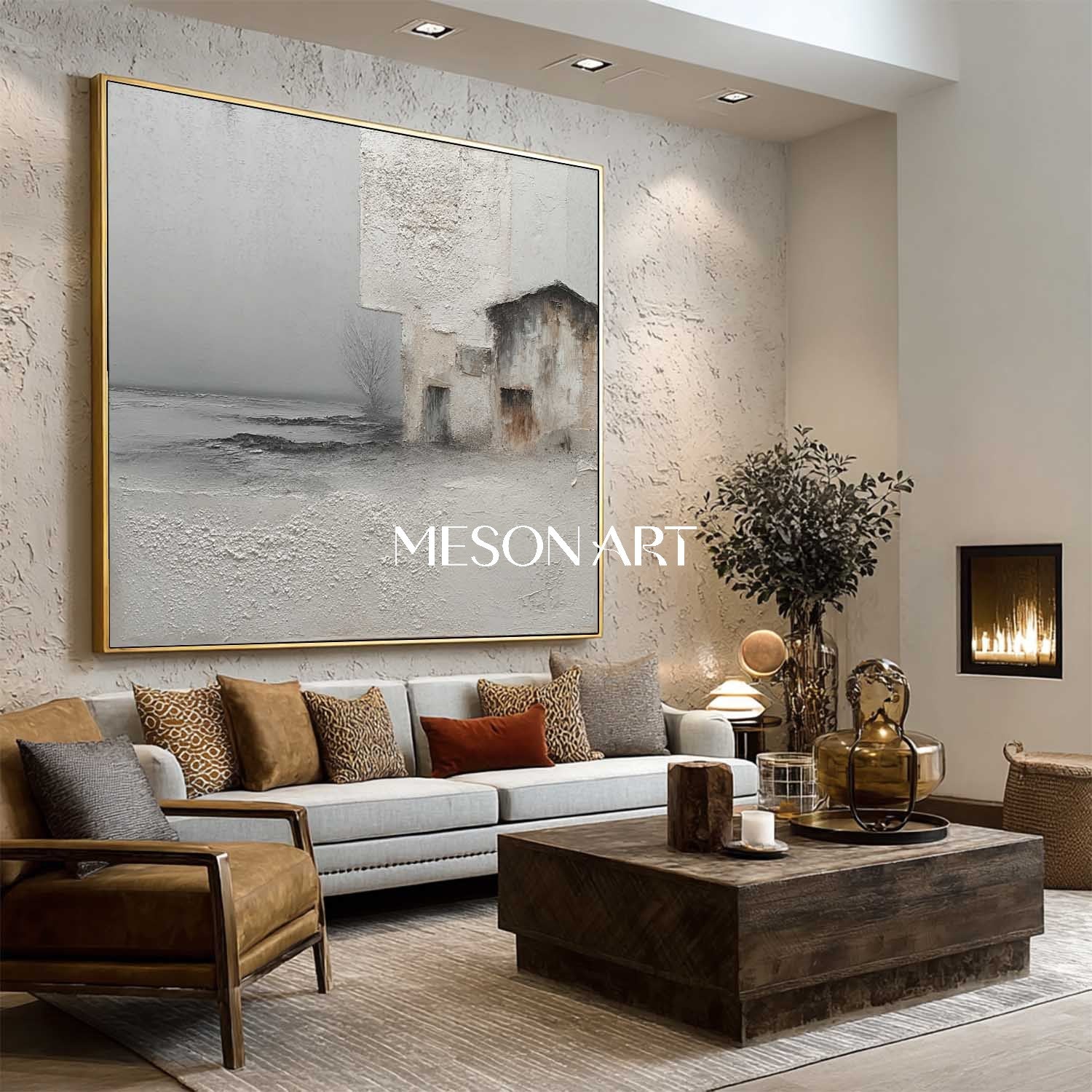 3D Light Grey Canvas Landscape Wall Painting Wabi-Sabi Abstract Painting