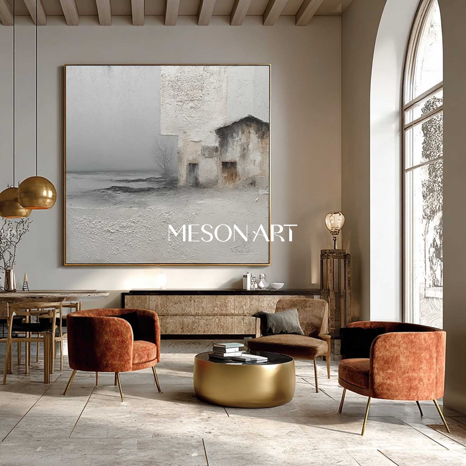 3D Light Grey Canvas Landscape Wall Painting Wabi-Sabi Abstract Painting