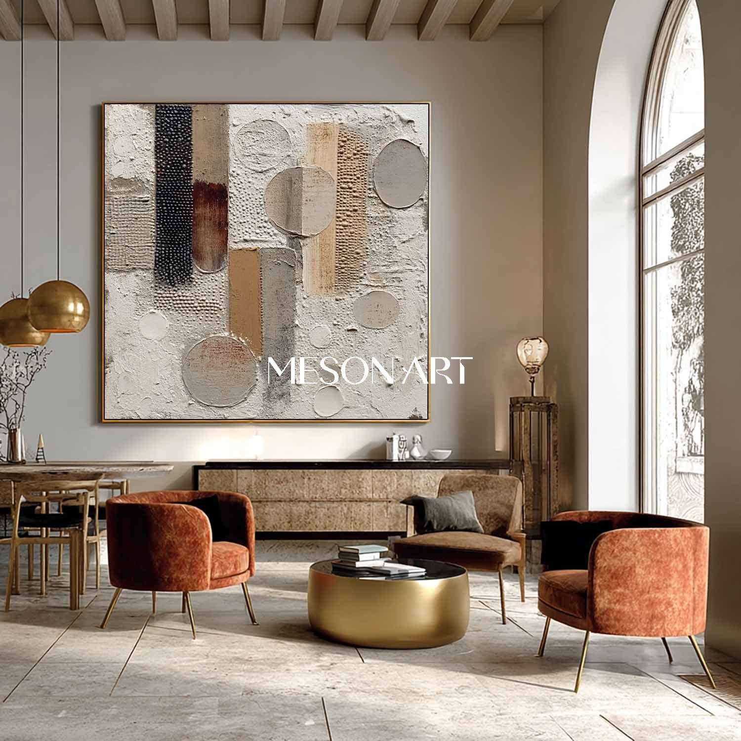 Minimalist Textured Large Beige Canvas Hand-Painted Plaster Wall Art