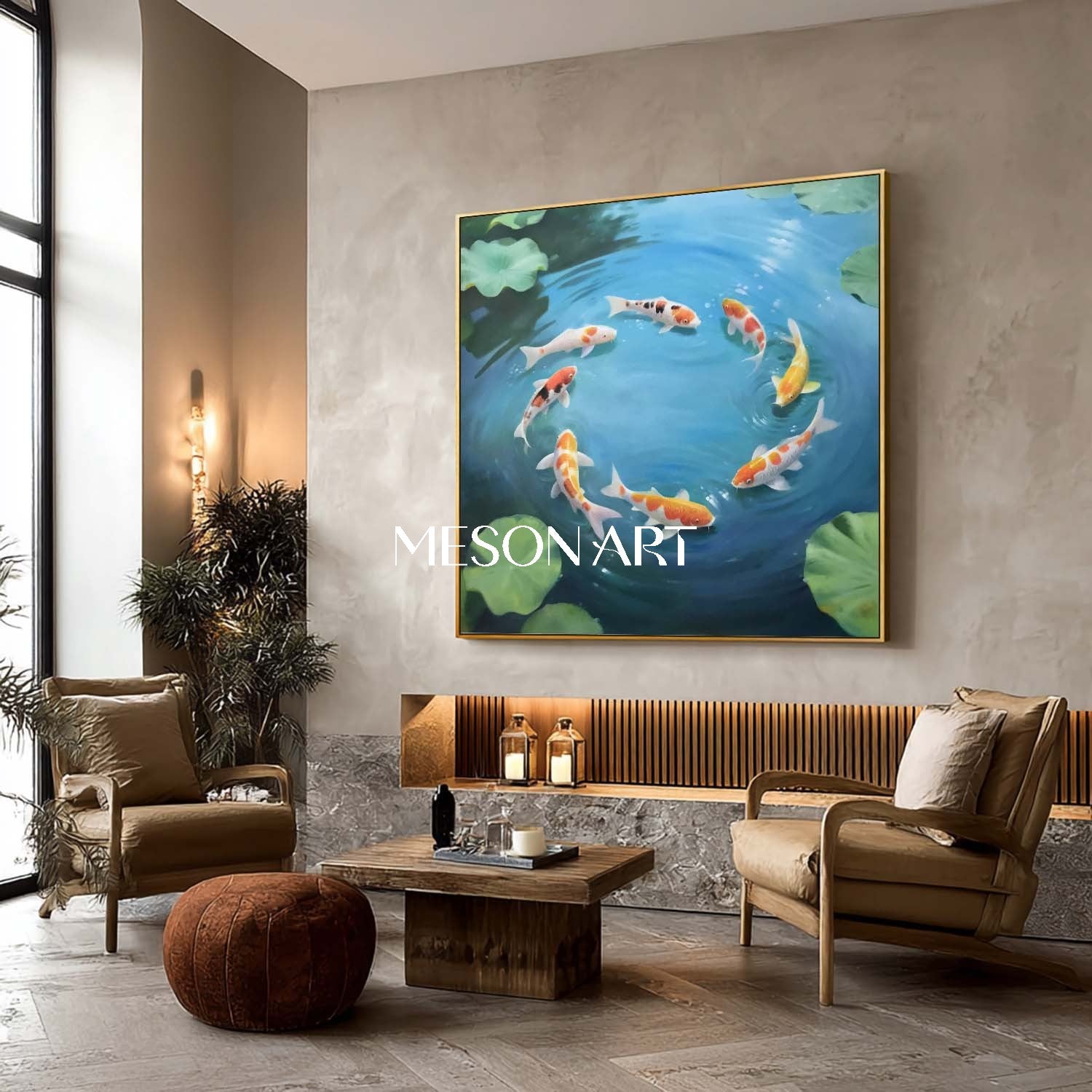 Modern Koi Fish Painting Pond Water Realism Wall Art for Living Room