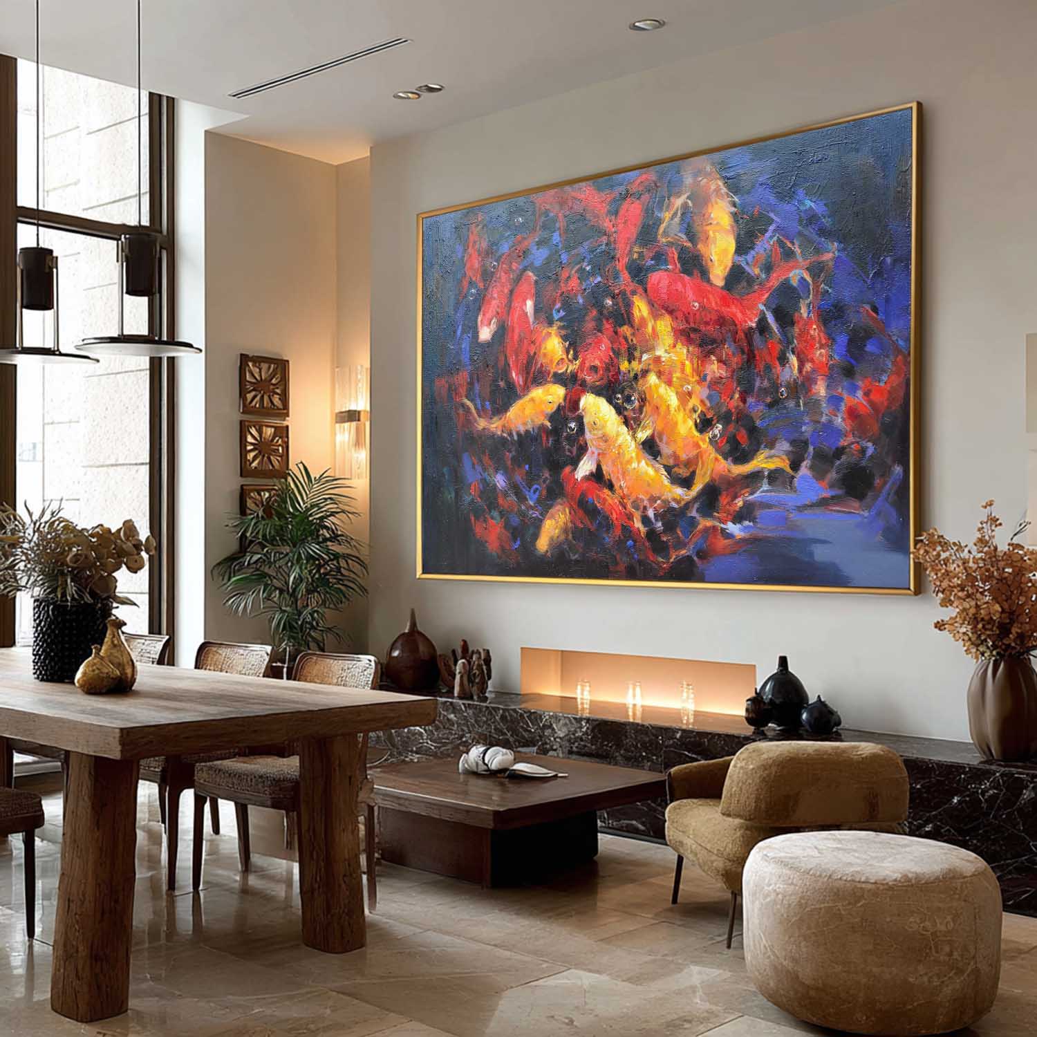 Large Realism Koi Fish Painting Colorful Wall Art Lucky Feng Shui Art