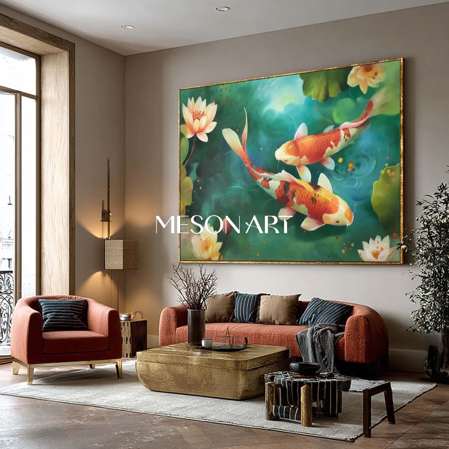 Hand-Painted Romantic Koi Fish Couple Wall Art Lotus Pond Canvas Decor