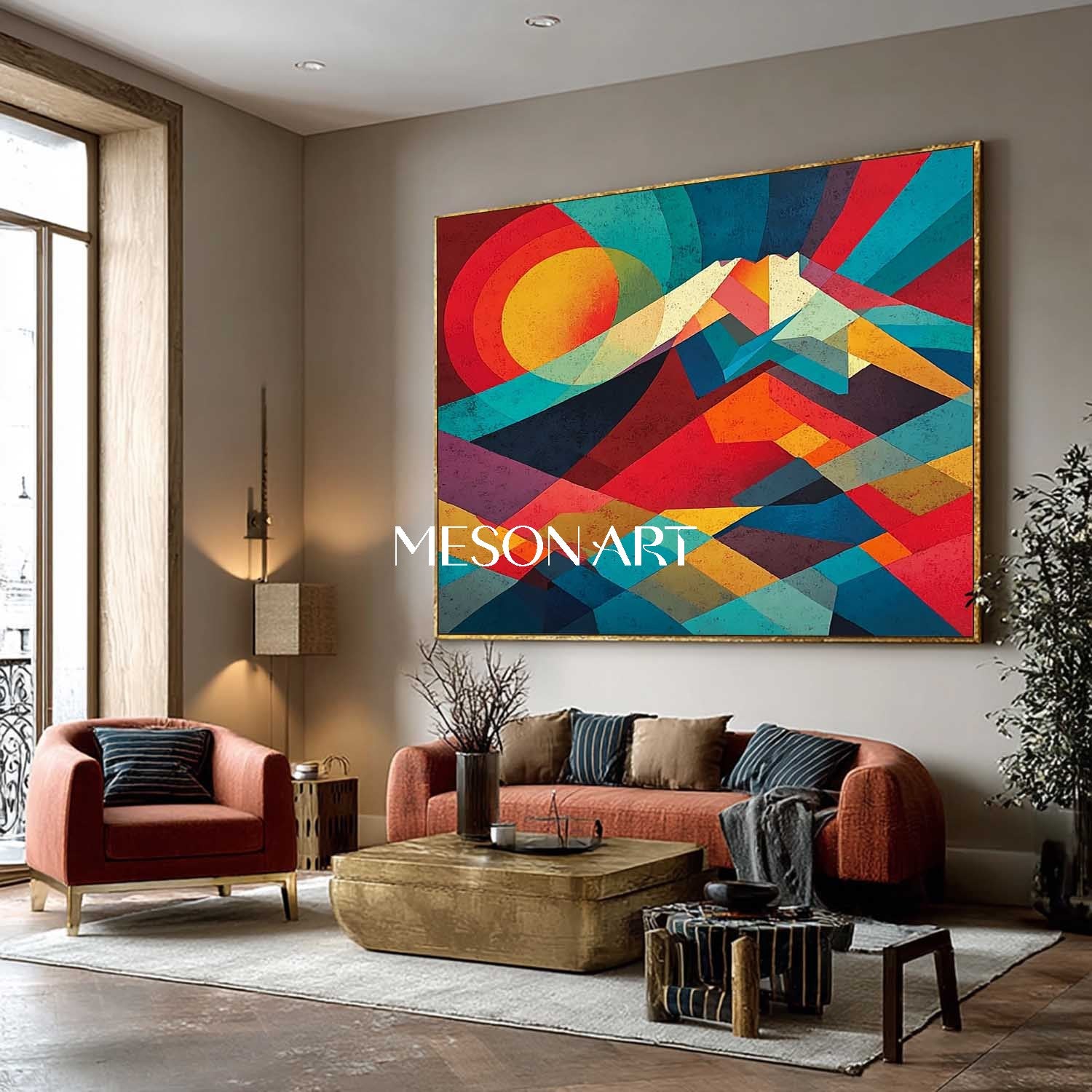Geometric Abstract Landscape Painting Modern Mountain Art Living Room
