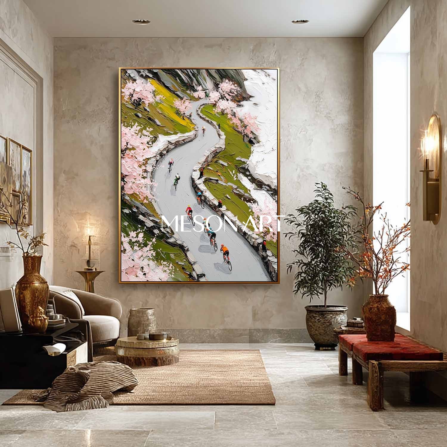 Handmade Impasto Painting Spring Mountain Cycling Canvas Art Entryway