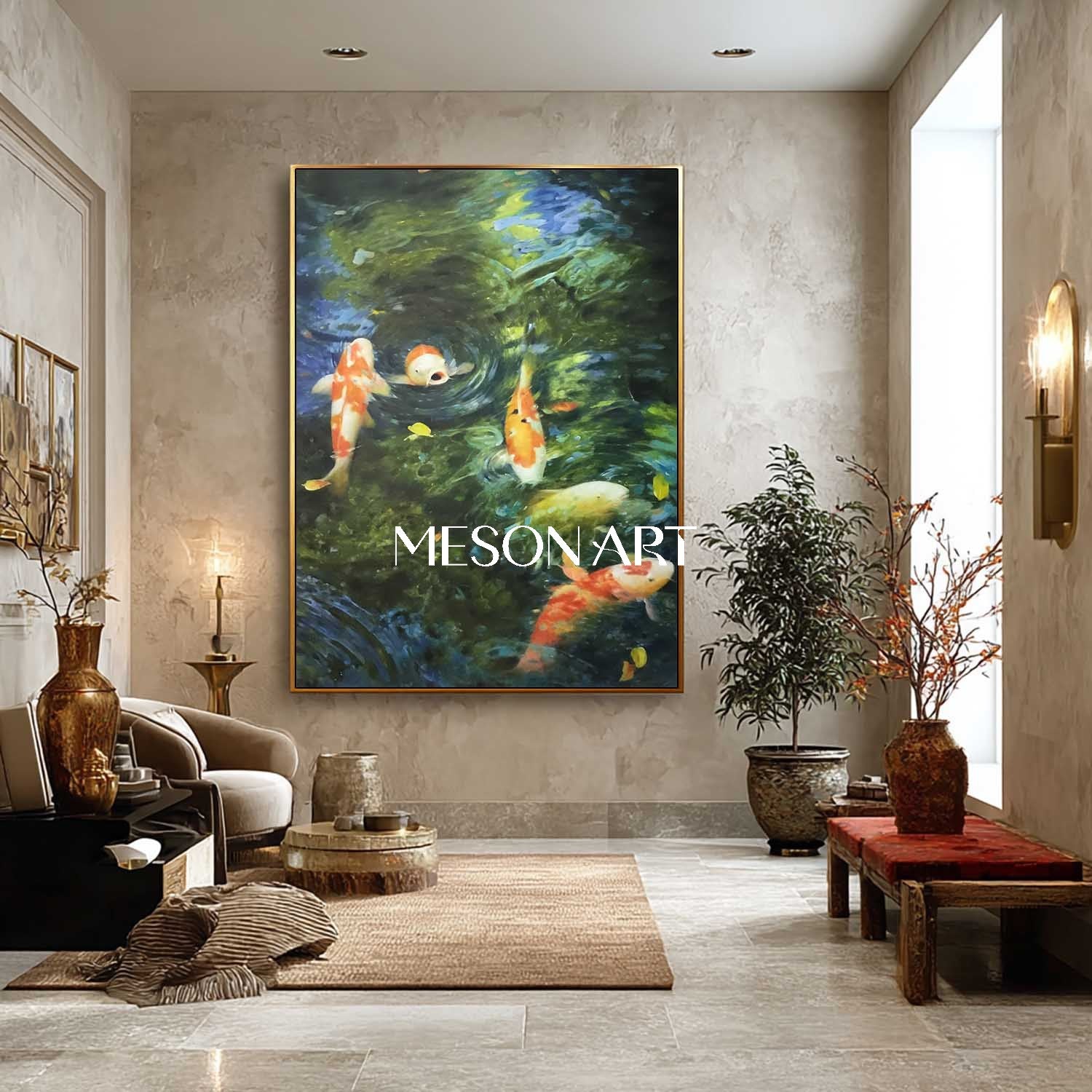 Large Green Textured Oil Painting Water Koi Pond Living Room Art Decor