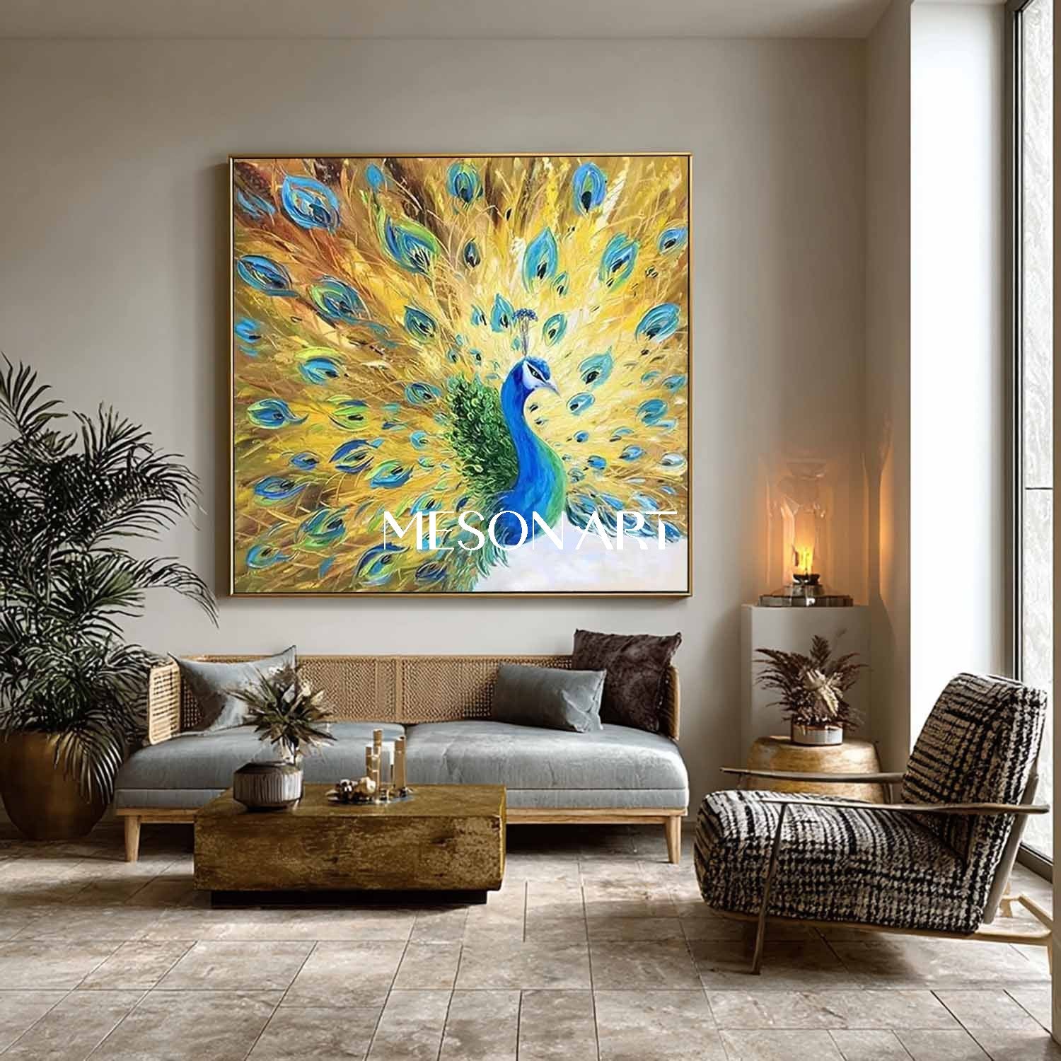 Handmade Modern Luxury Golden Peacock Wall Art Vibrant Canvas Painting