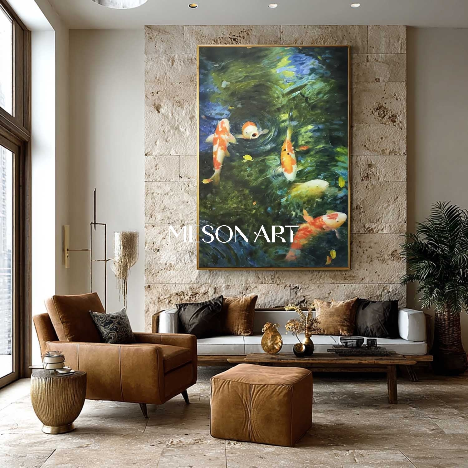Large Green Textured Oil Painting Water Koi Pond Living Room Art Decor