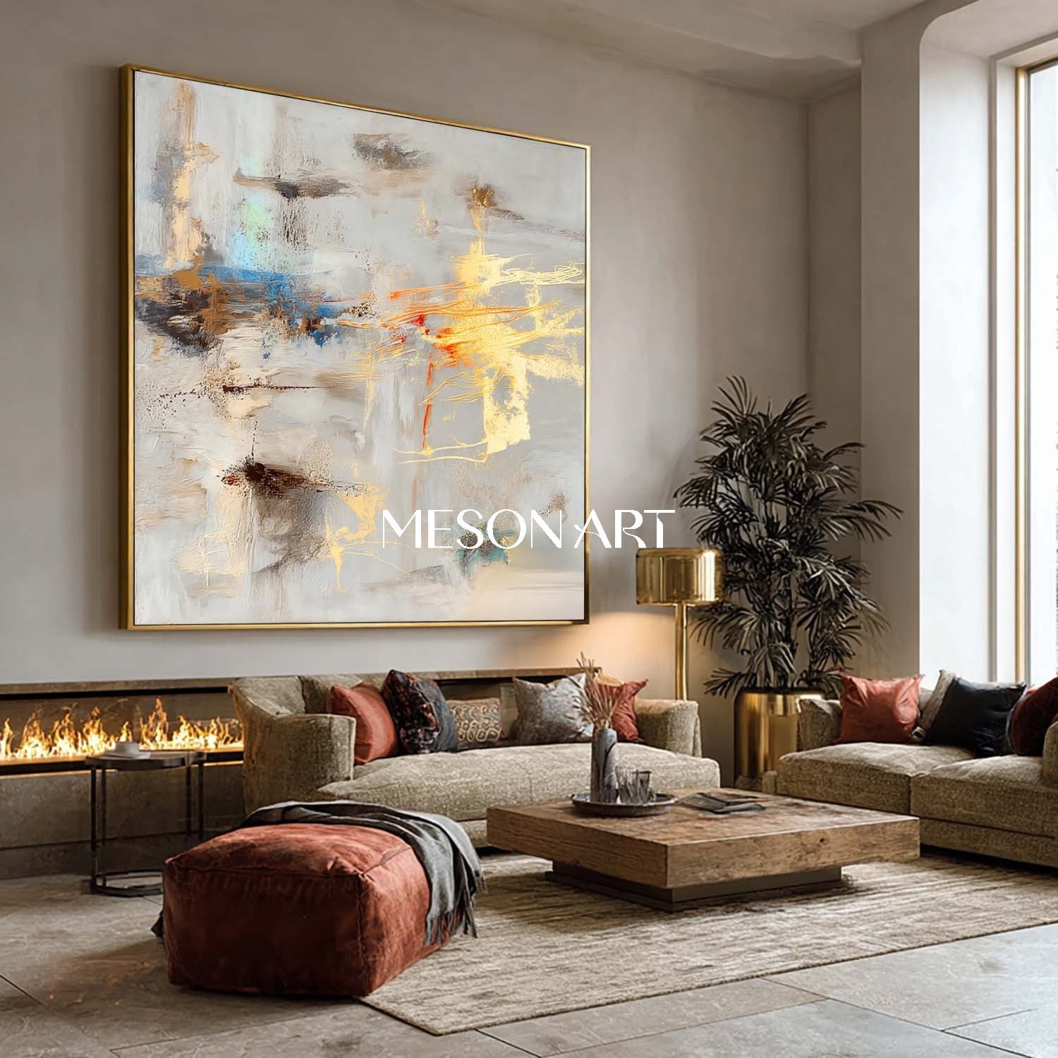 Gray Gold Abstract Textured Painting Large Square Living Room Wall Art