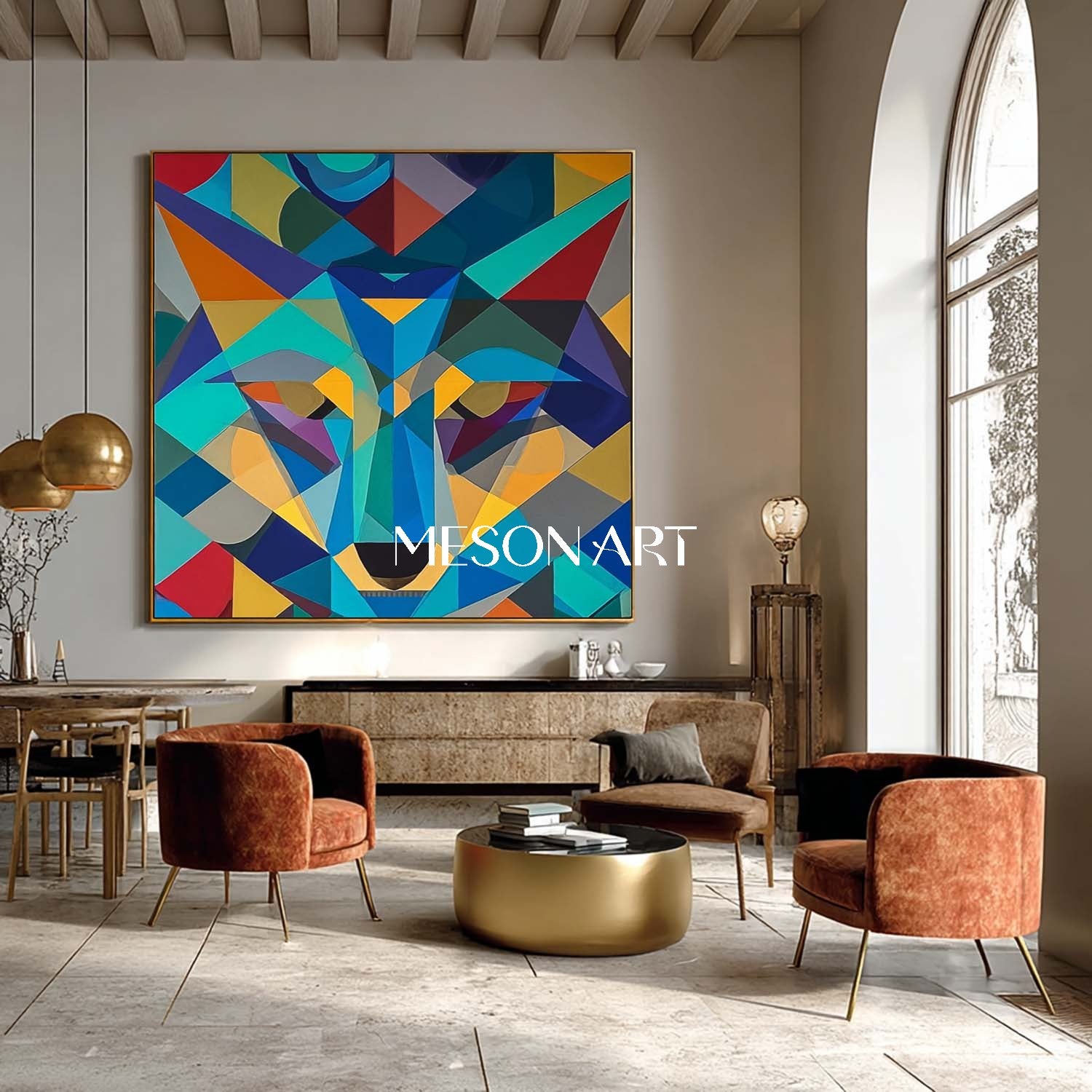 Geometric Wolf Abstract Painting Modern Colorful Animal Wall Art